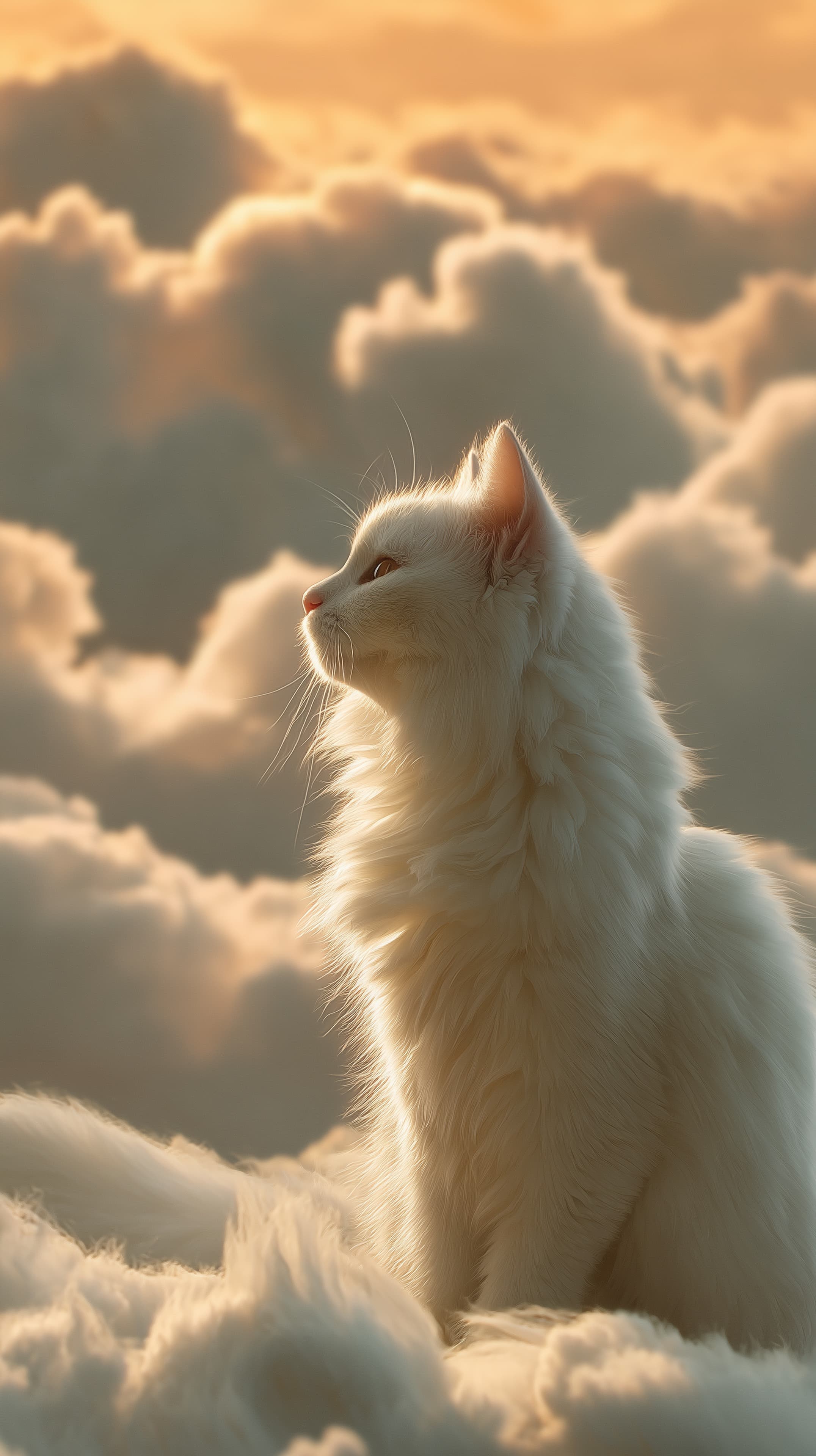 Golden Hour White Cat Among Clouds - Serene Wallpaper - High Resolution animal-portrait Wallpaper for Mobile and Desktop