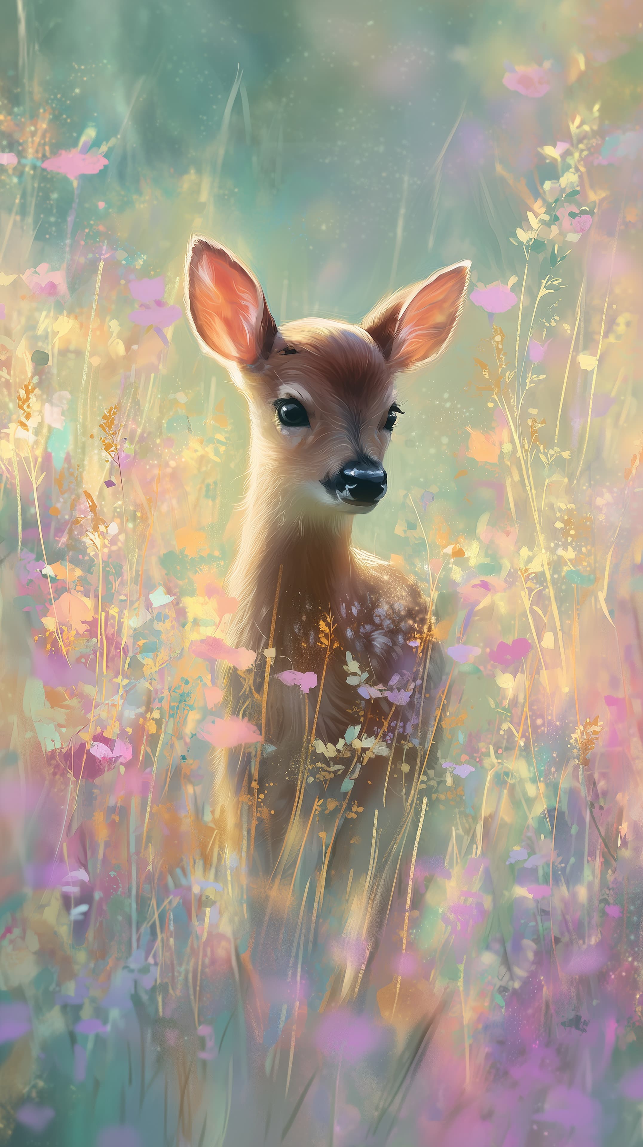 Dreamy pastel meadow with a young deer wallpaper scene - High Resolution bokeh-effect Wallpaper for Mobile and Desktop
