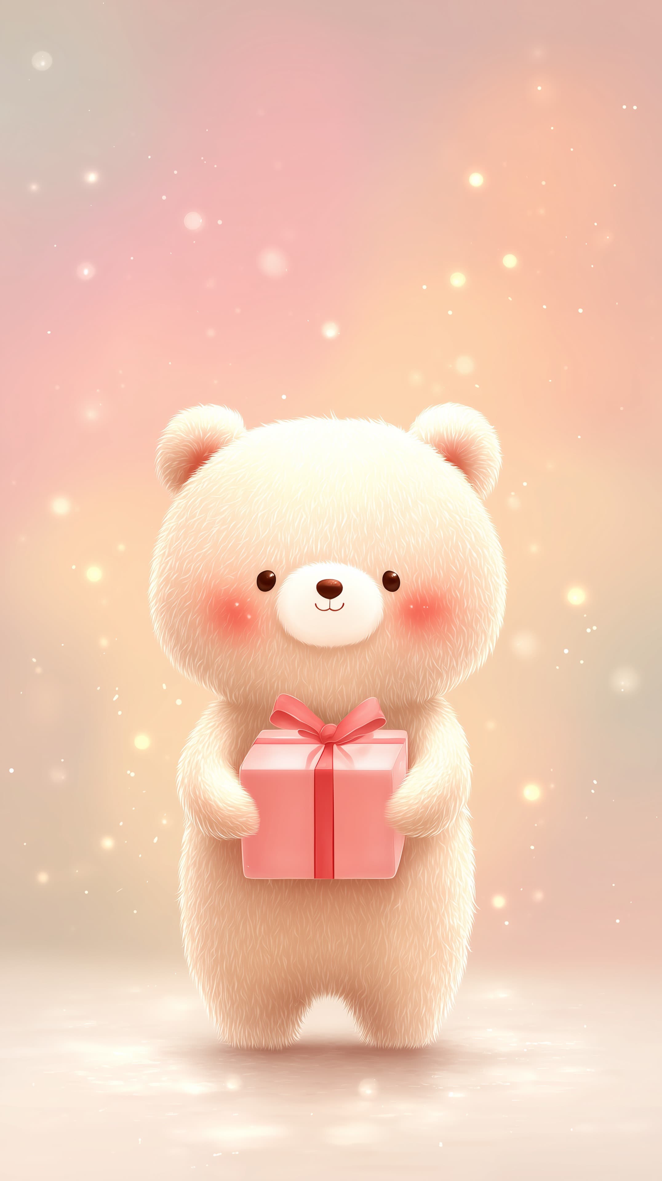 Adorable Plush Bear Holding a Gift in Soft Pink Glow Wallpaper - High Resolution bokeh-background Wallpaper for Mobile and Desktop