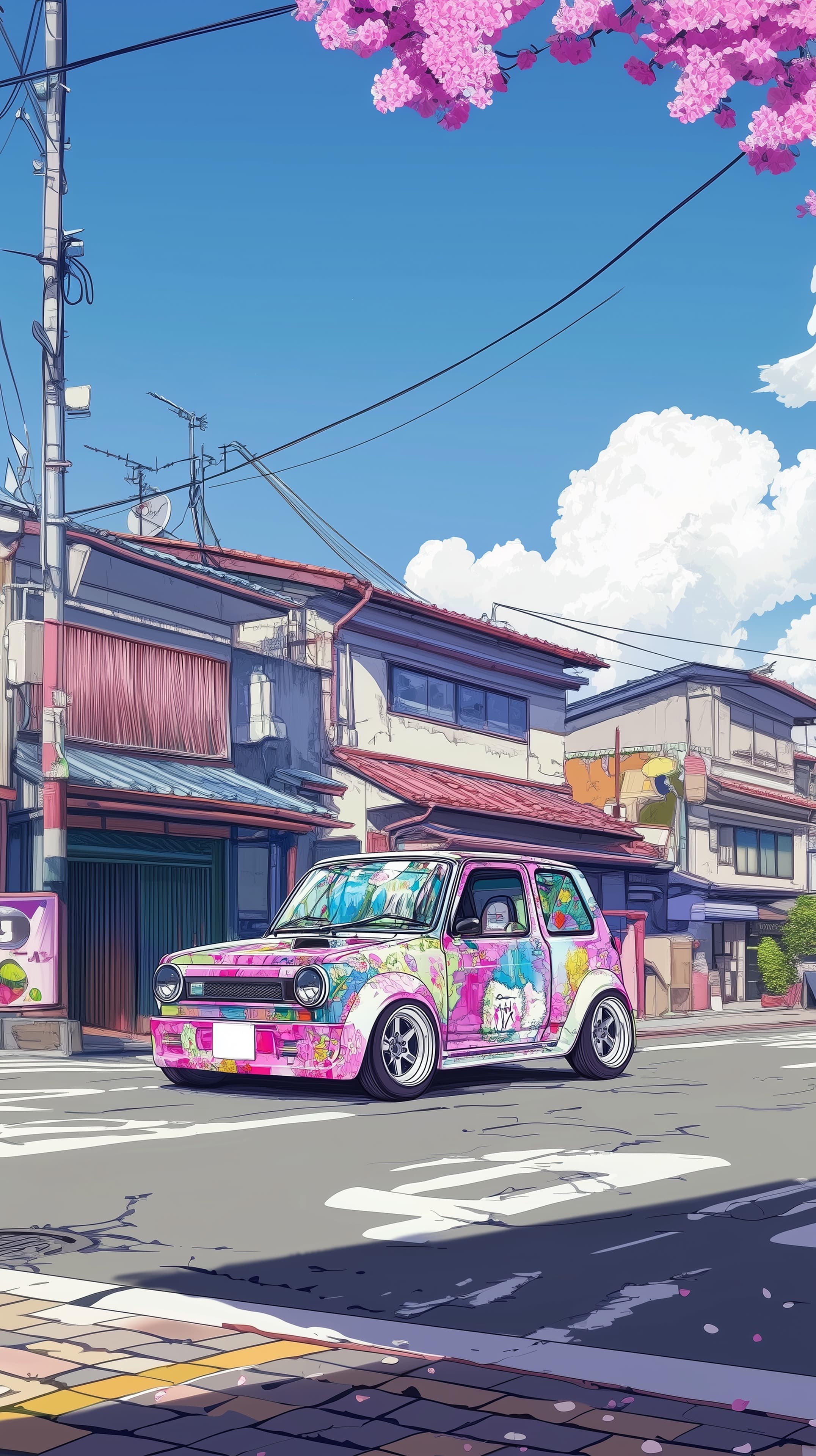 Colorful Anime Street Scene with Floral Van Wallpaper - High Resolution anime-inspired Wallpaper for Mobile and Desktop