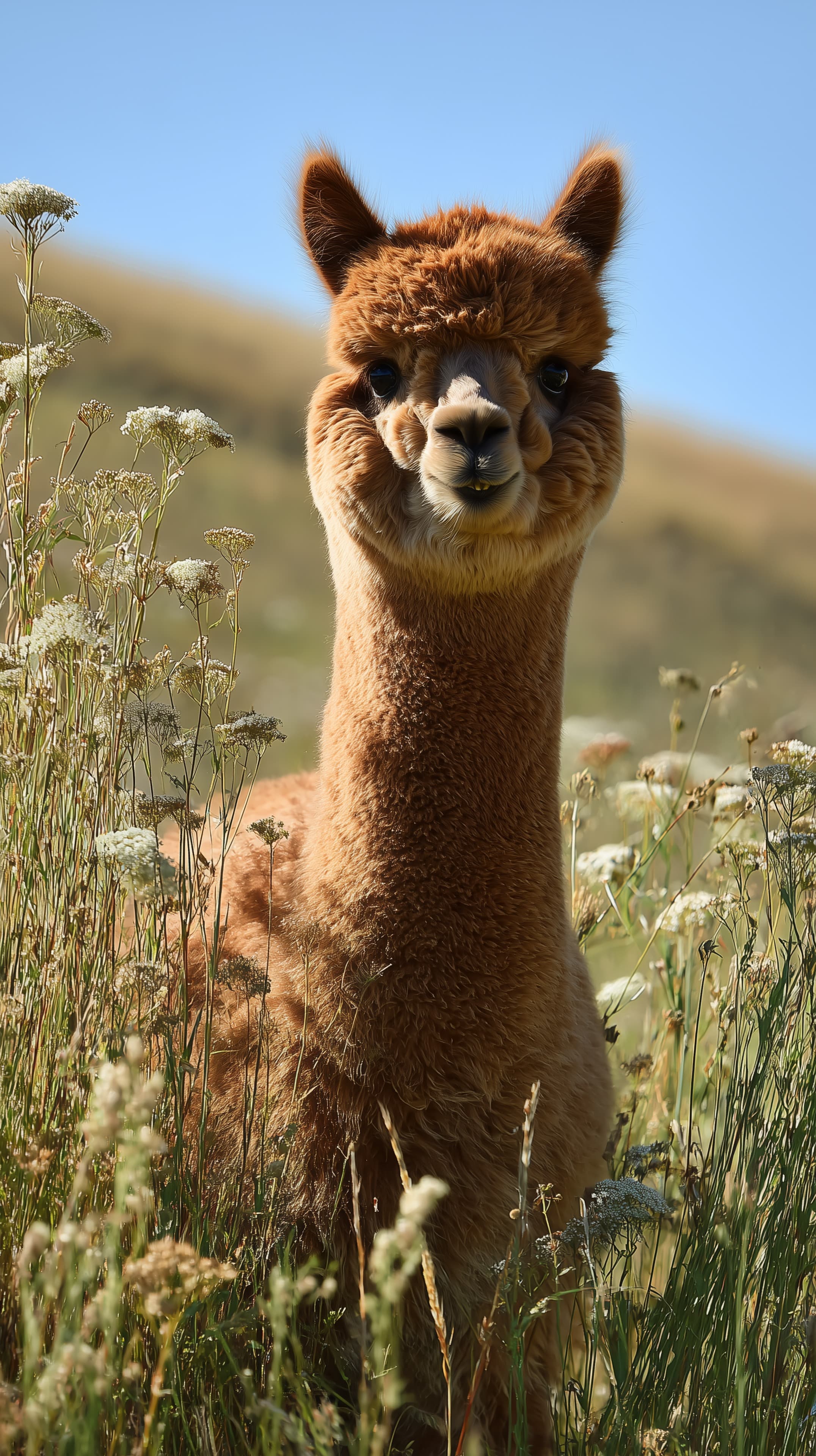 Cheerful Alpaca in a Sunlit Wildflower Field - Nature Wallpaper - High Resolution alpaca Wallpaper for Mobile and Desktop