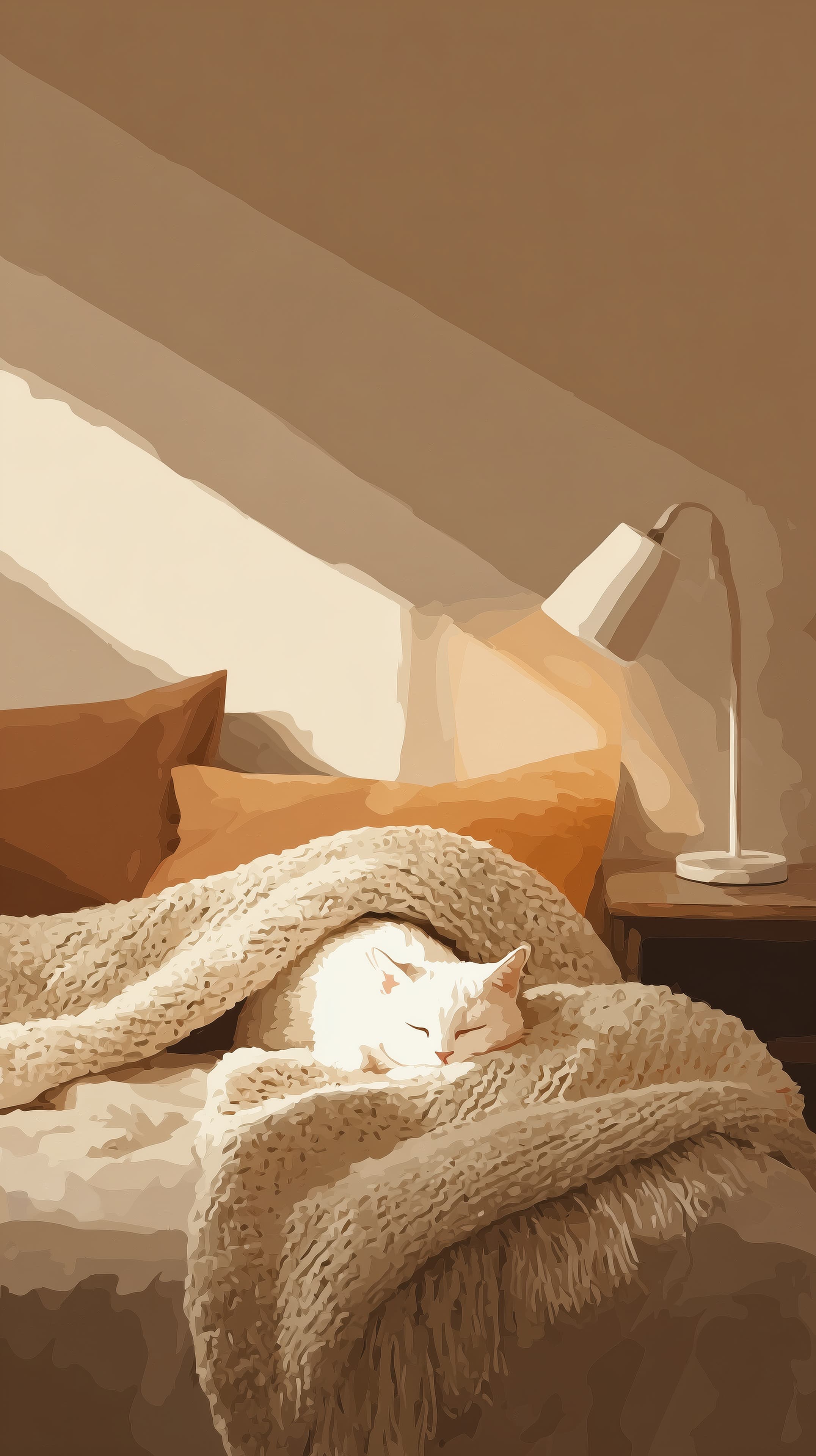 Cozy Bedroom Cat Sleeping Under a Soft Blanket in Warm Beige Tones - High Resolution bedroom Wallpaper for Mobile and Desktop