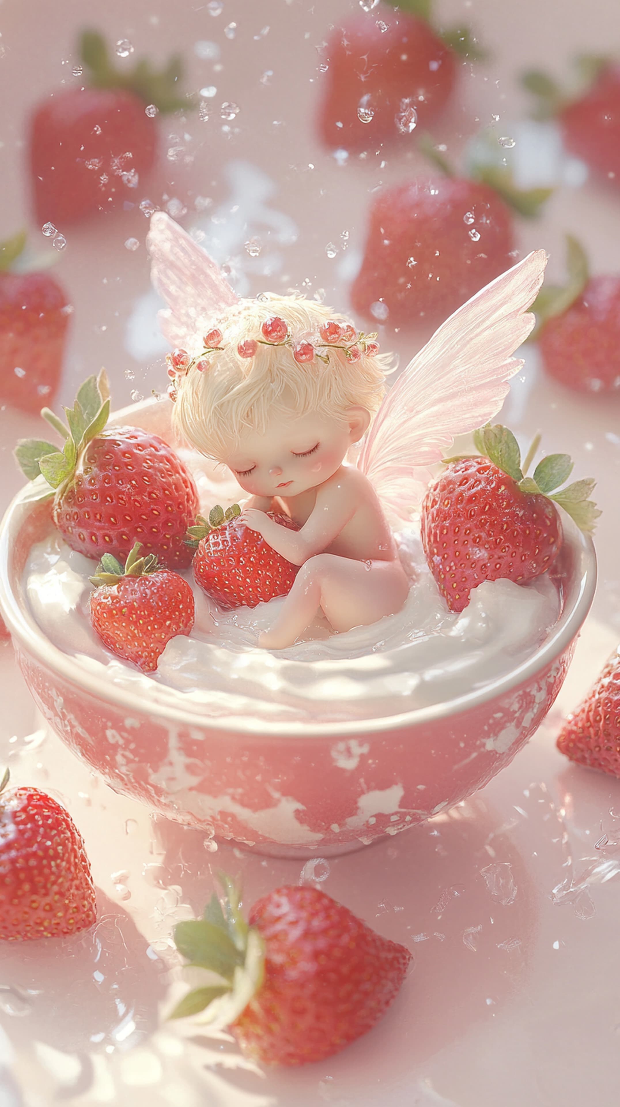 Pastel Strawberry Fairy in Cream Bowl – Dreamy Cute Wallpaper - High Resolution pastel-colors Wallpaper for Mobile and Desktop