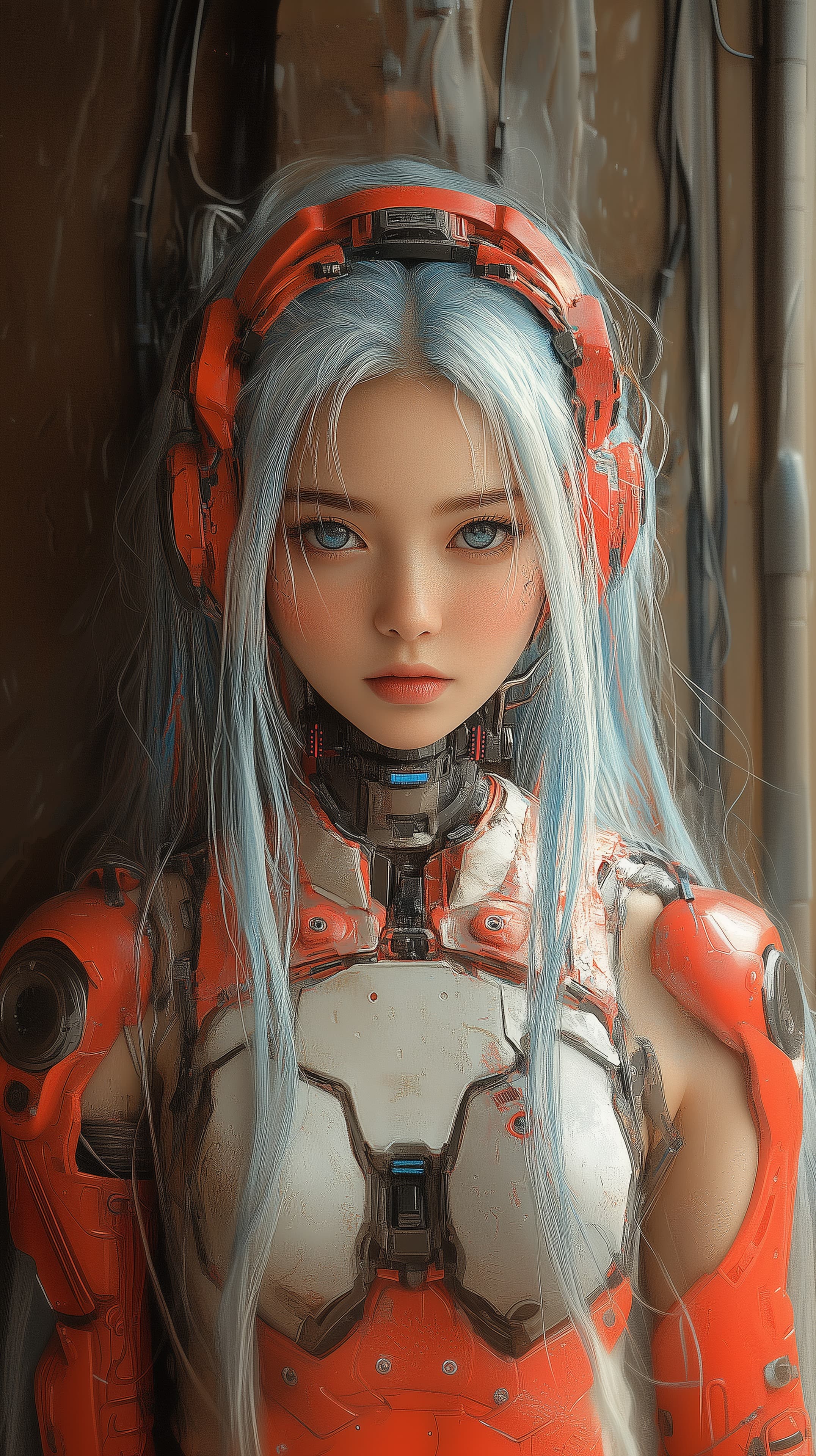 Futuristic Cyborg Portrait with Neon Orange Armor and Blue Hair - High Resolution armor Wallpaper for Mobile and Desktop