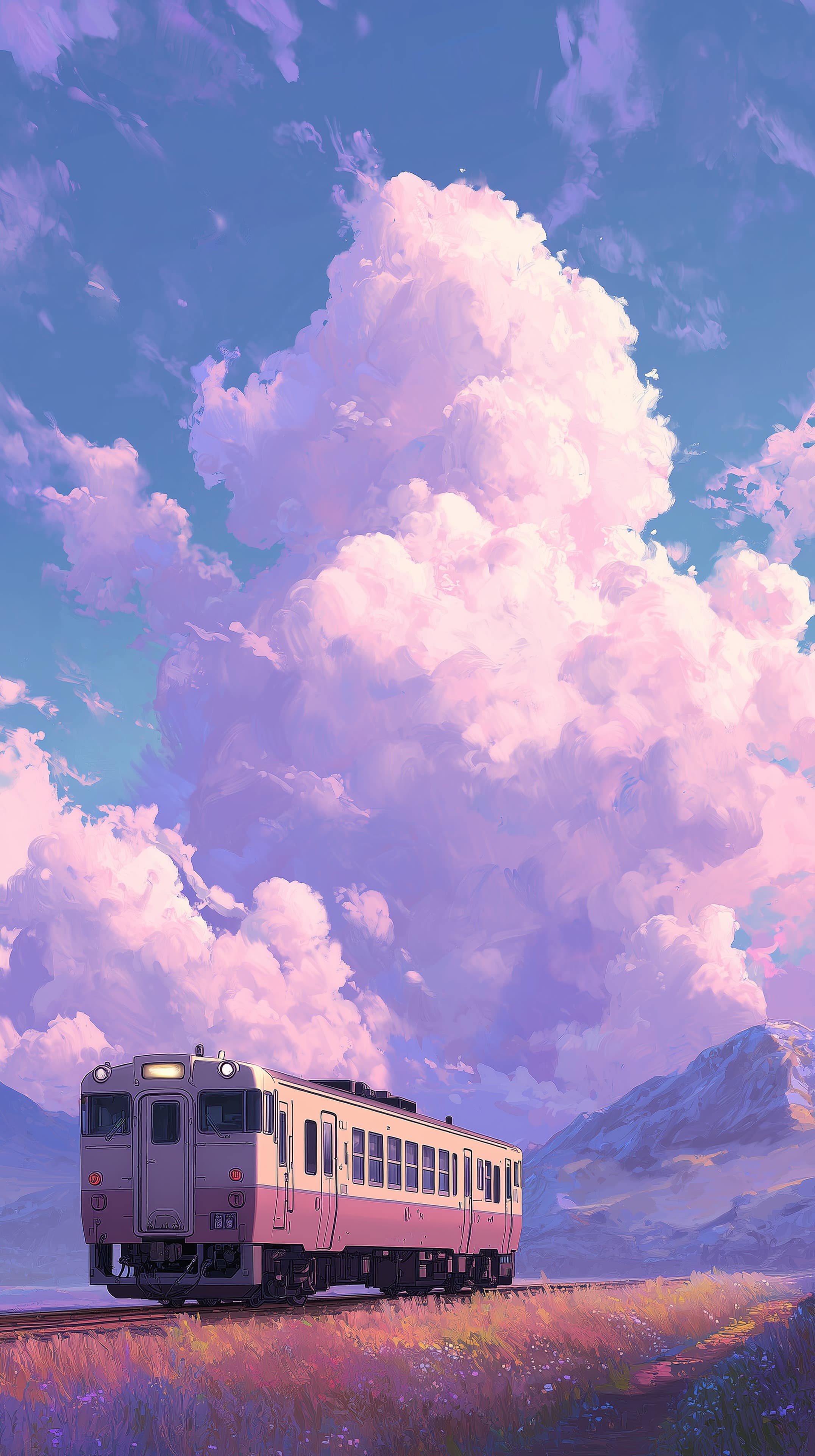 Pastel Cloudscape Train Wallpaper: Dreamy Pink Sky Scene - High Resolution clouds Wallpaper for Mobile and Desktop