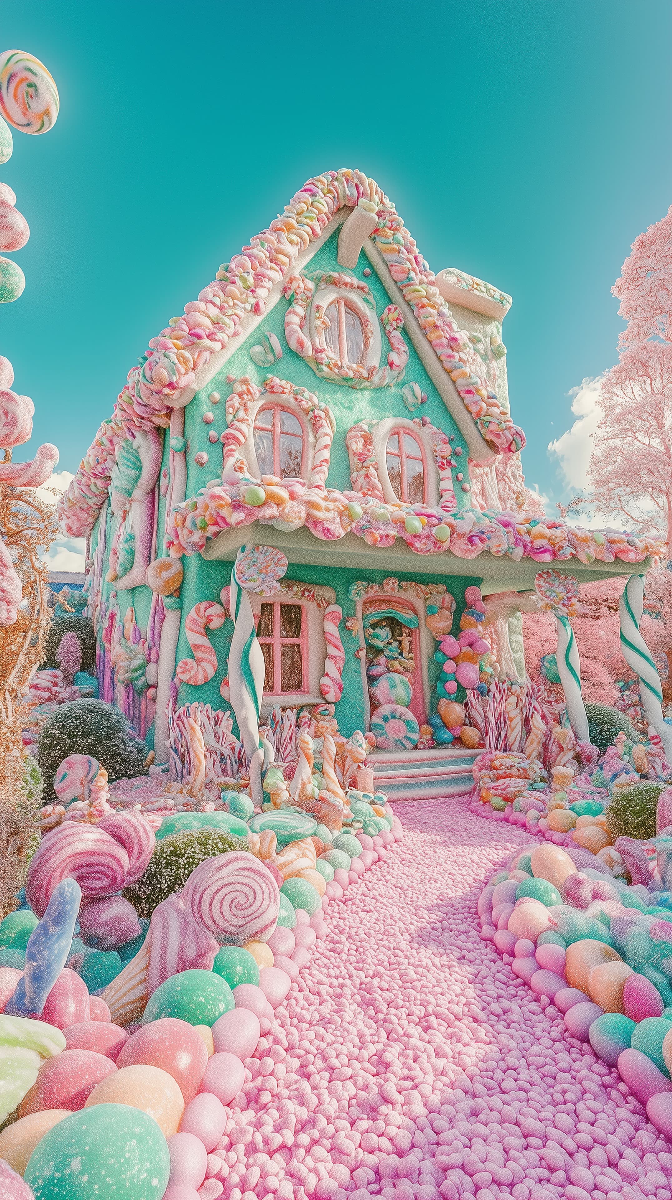 Pastel Candy Cottage: Dreamy Whimsical Wallpaper Scene - High Resolution candy-cottage Wallpaper for Mobile and Desktop