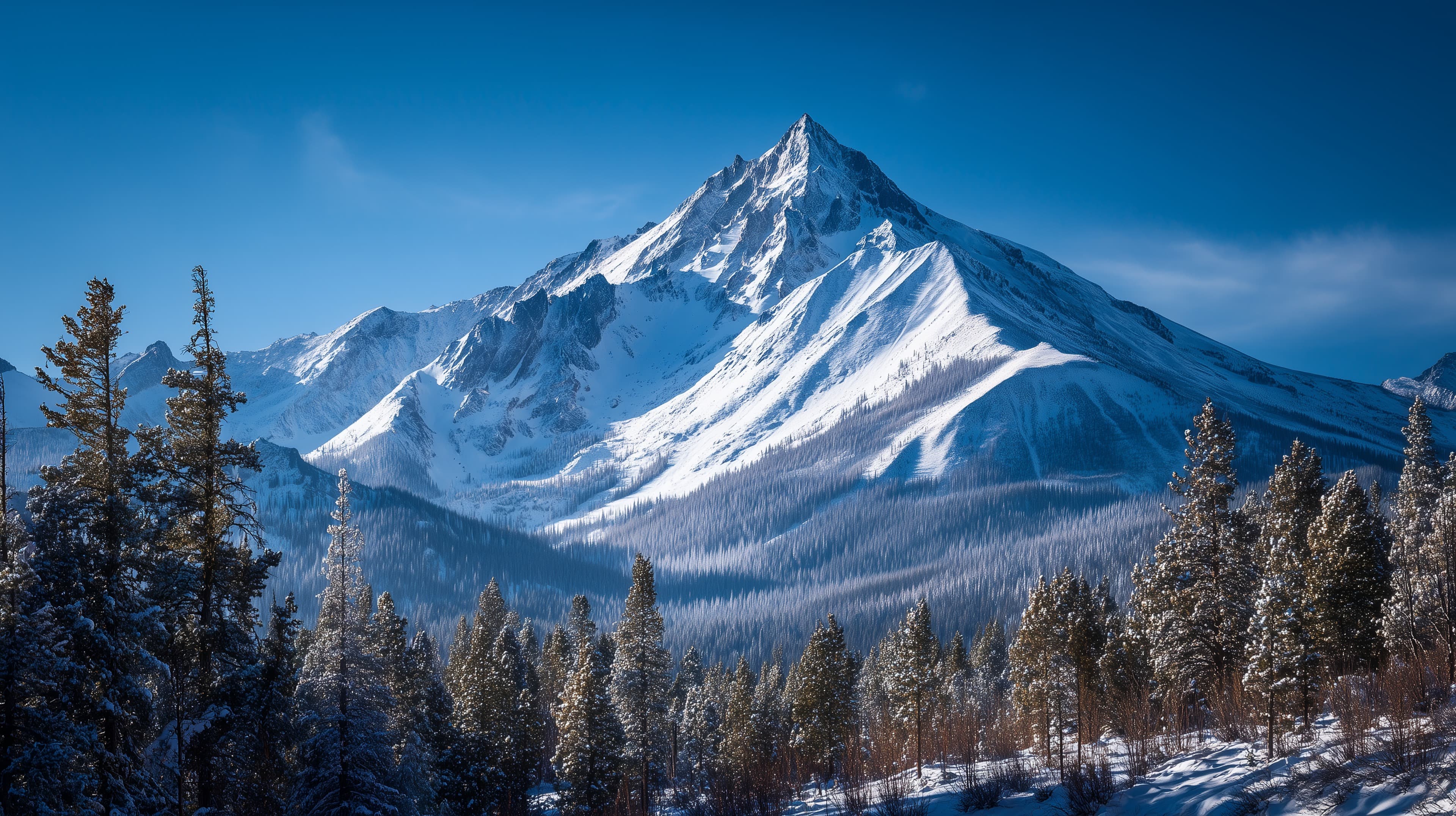 Majestic Snowy Mountain Peak Over Frosty Pine Forest - High Resolution snowy-mountain Wallpaper for Mobile and Desktop