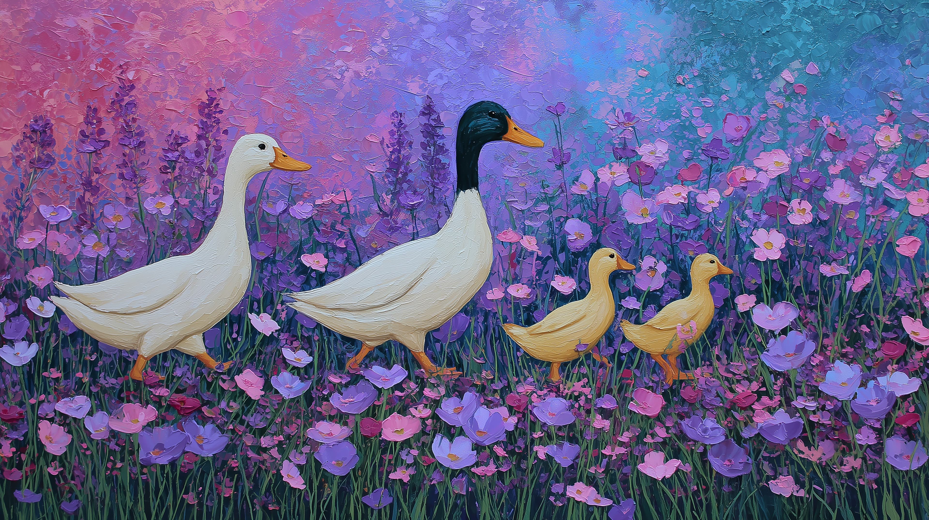 Dreamy Duck Family in a Purple Floral Field at Sunset - High Resolution bird-family Wallpaper for Mobile and Desktop