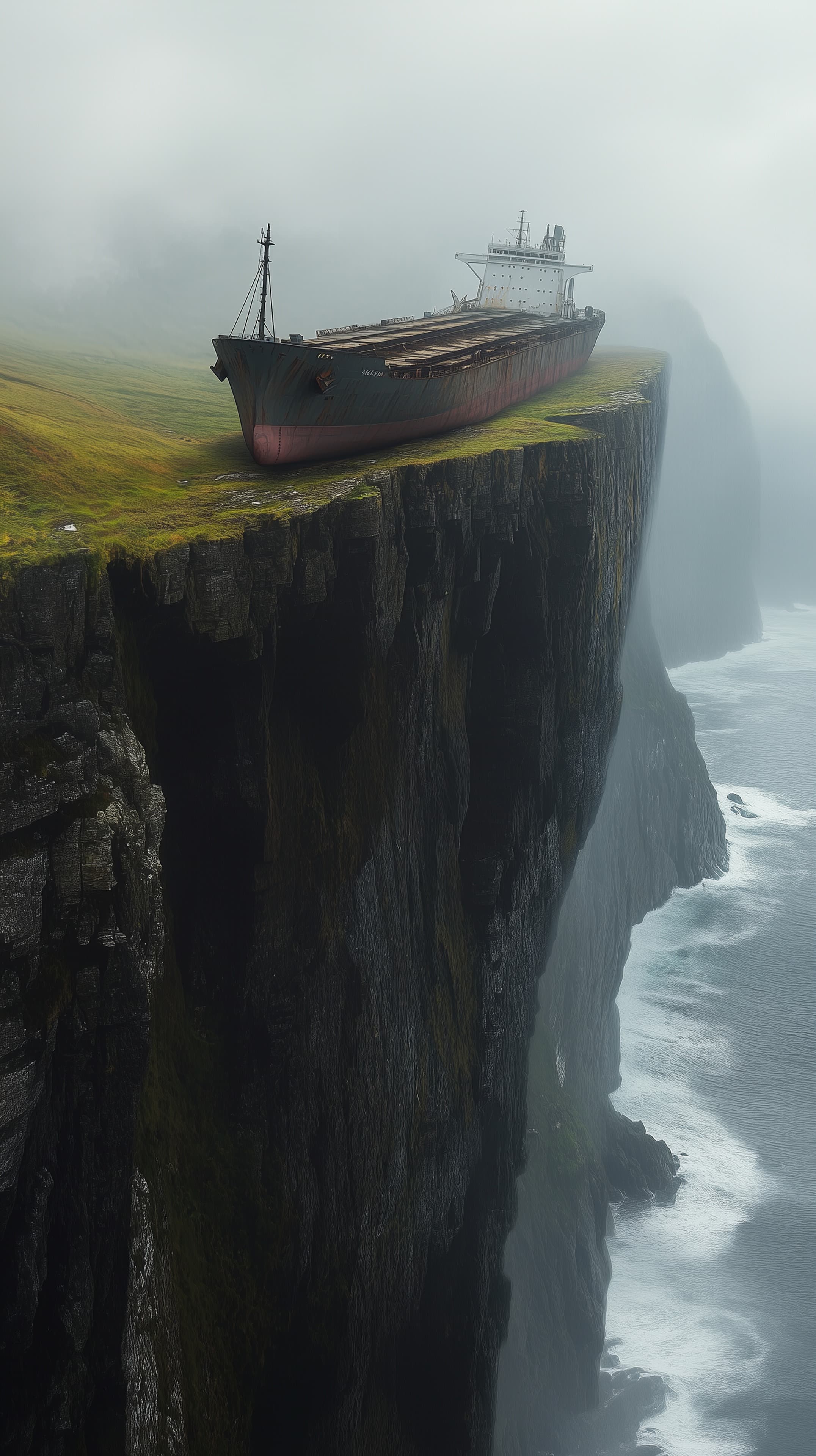 Misty Cliff-Top Vessel: Dramatic Seascape Wallpaper - High Resolution abandoned Wallpaper for Mobile and Desktop