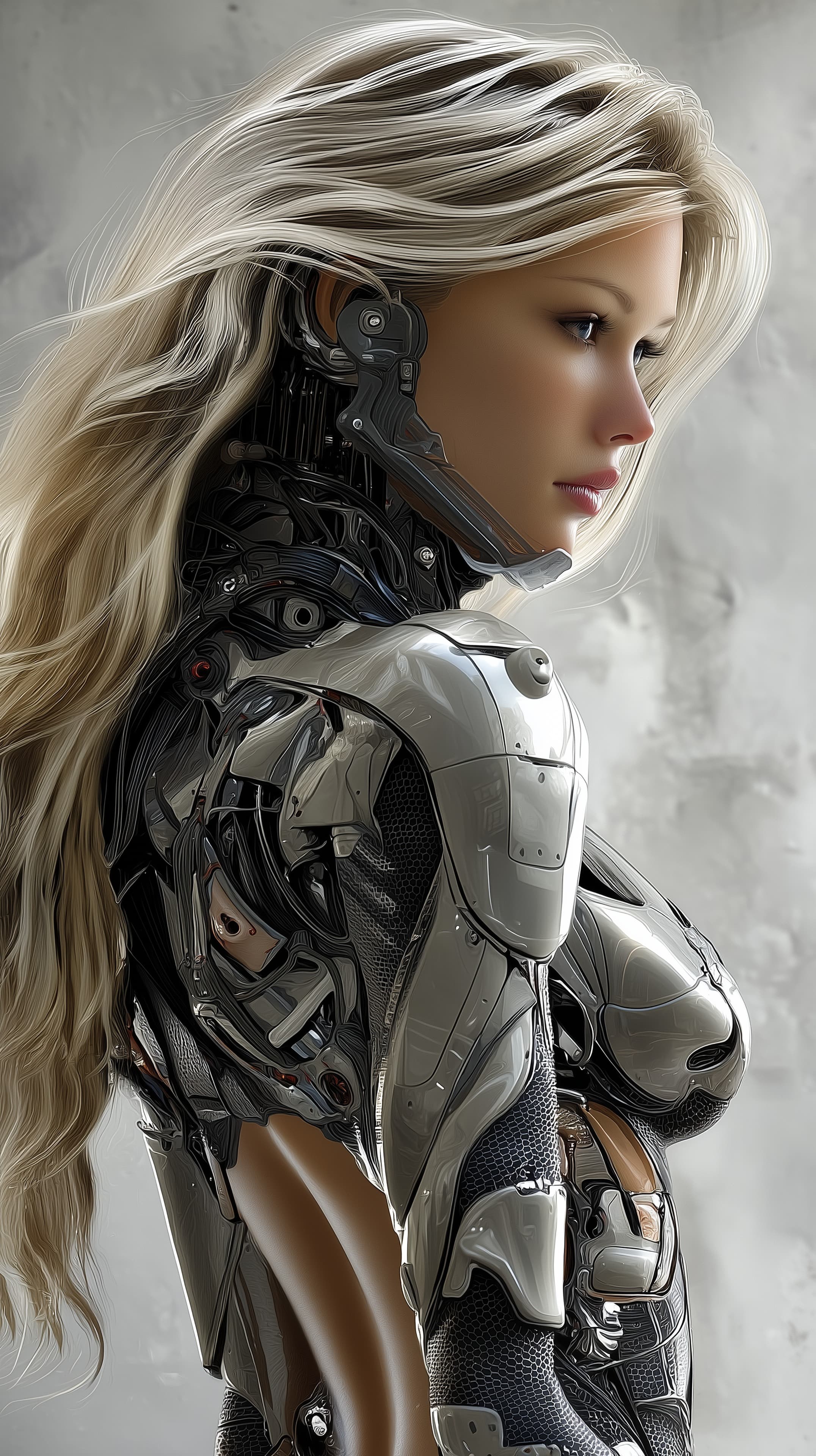 Futuristic Cyborg Portrait: Chrome Armor and Long Blonde Hair - High Resolution cyborg Wallpaper for Mobile and Desktop