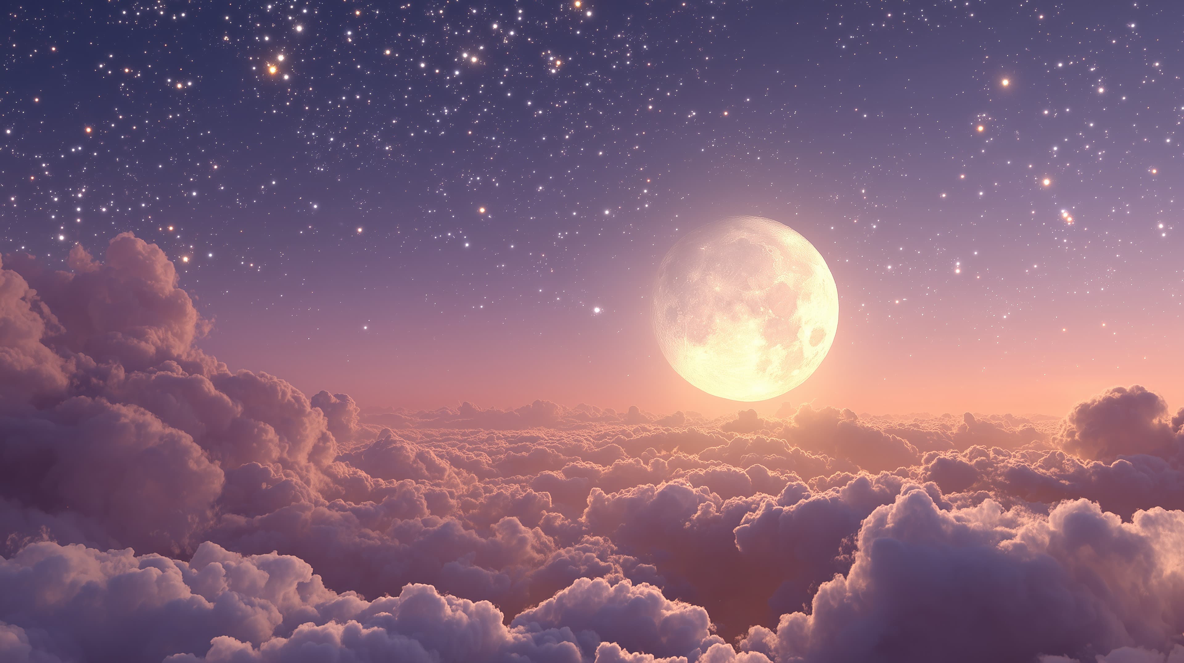 Moonlit Dreamscape Above Pink Clouds and Starry Sky Horizon - High Resolution celestial-scene Wallpaper for Mobile and Desktop