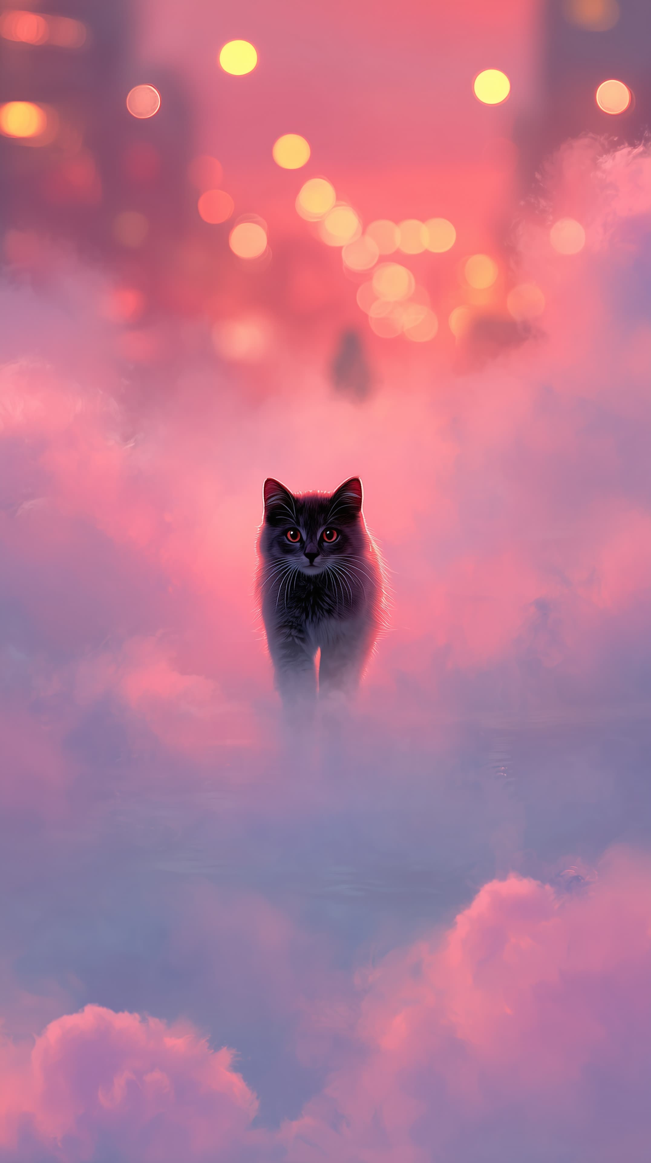 Dreamy Pink City Cat Walking Through Neon Fog Wallpaper - High Resolution bokeh Wallpaper for Mobile and Desktop