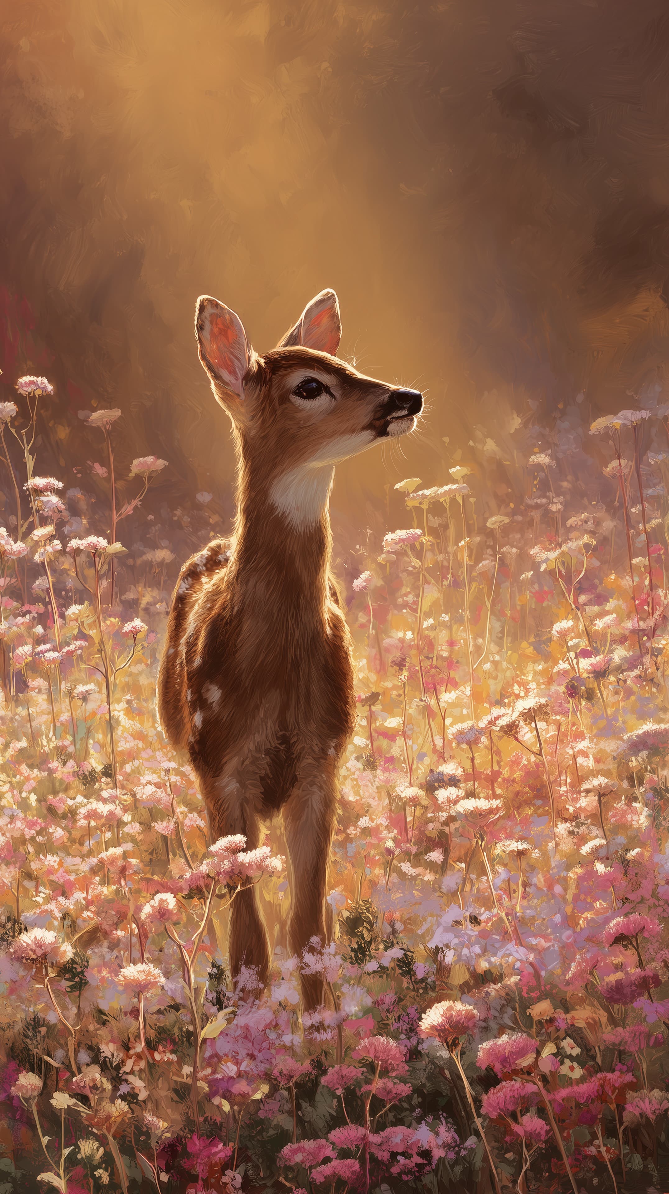 Golden Hour Deer in Floral Meadow - Dreamy Nature Wallpaper - High Resolution calm-wallpaper Wallpaper for Mobile and Desktop