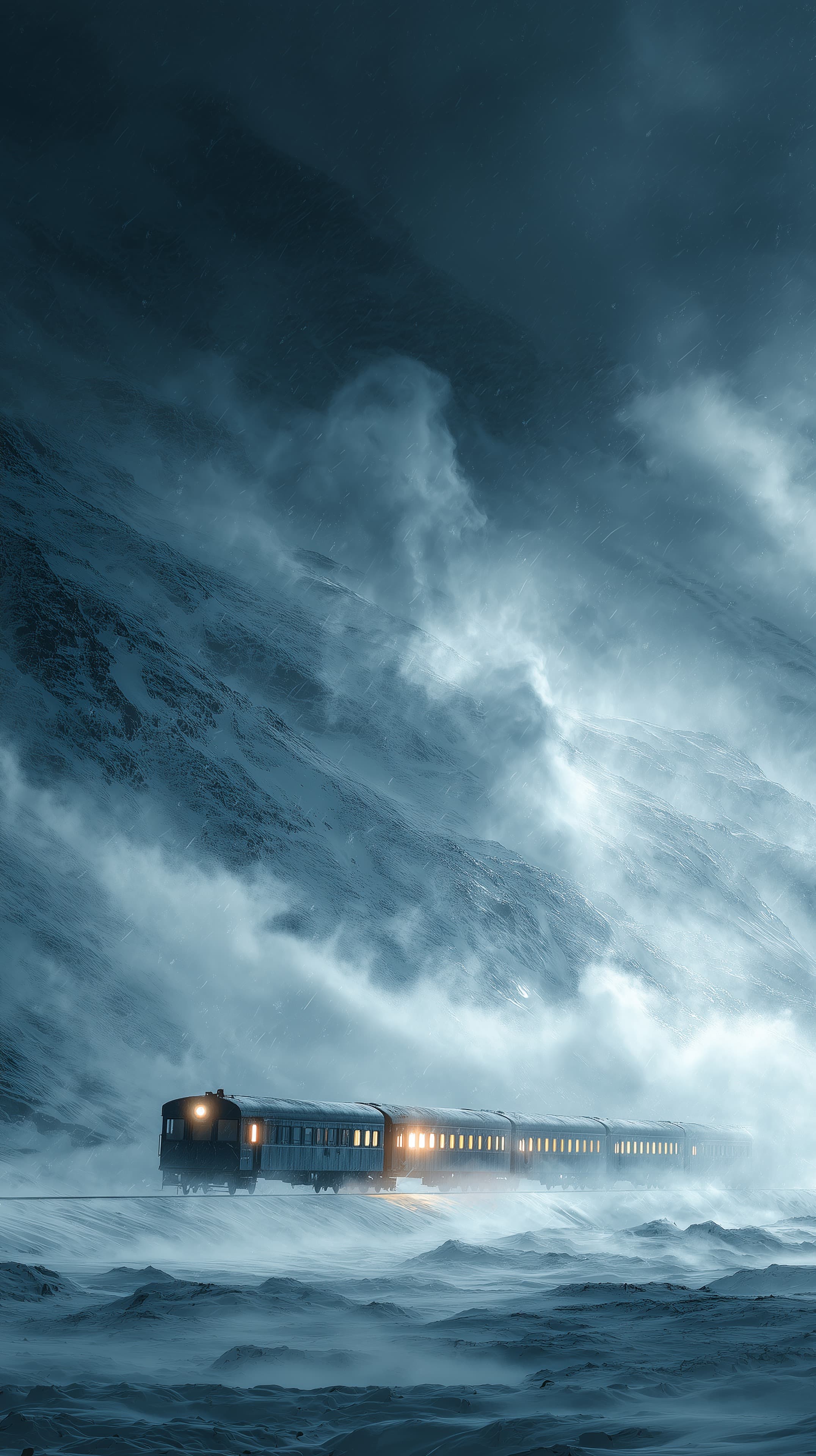 Night Storm in Snowy Mountains with a Long Passenger Train - High Resolution alpine Wallpaper for Mobile and Desktop
