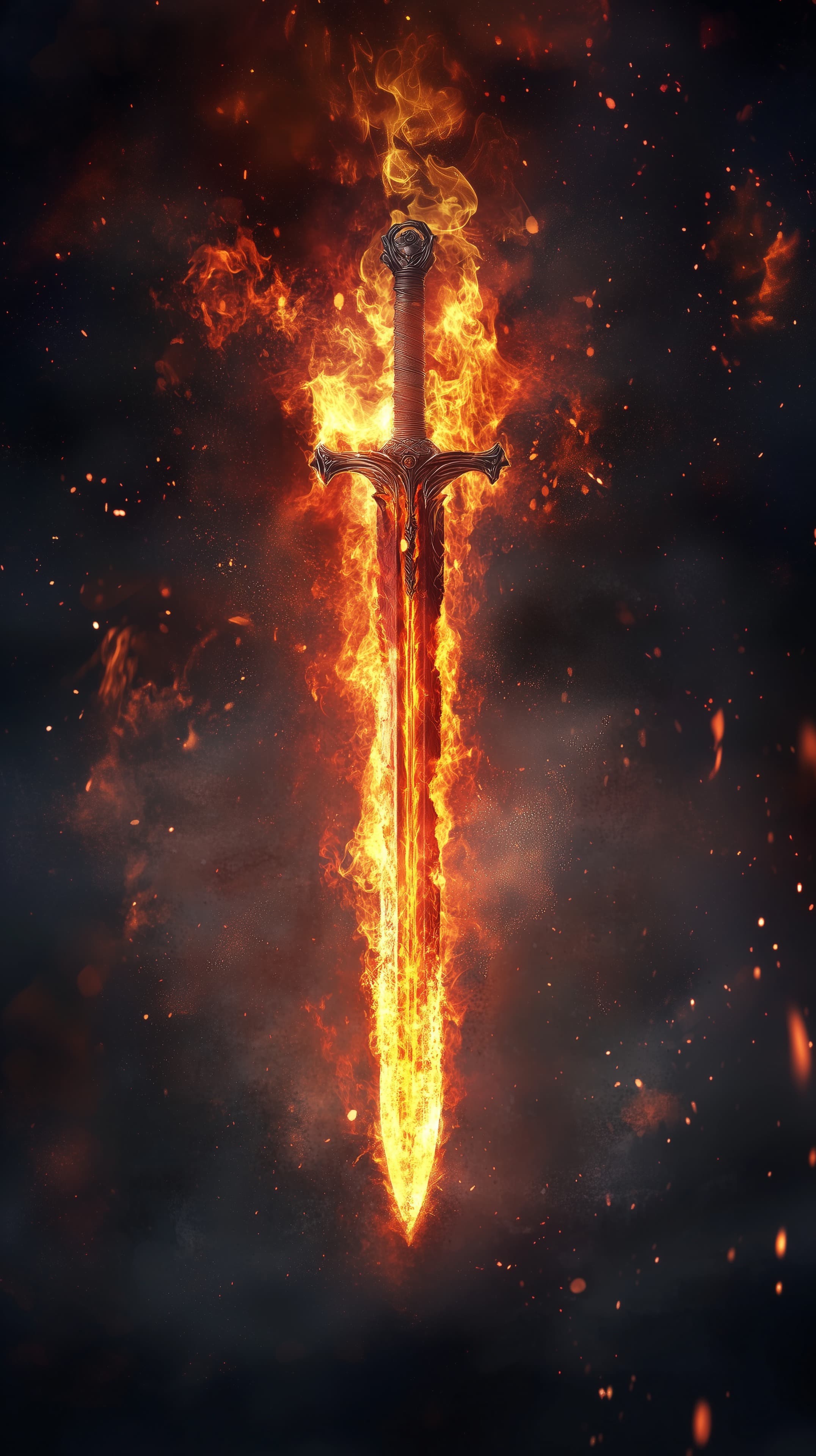 Fiery Sword in Flames – Epic Fantasy Weapon Wallpaper - High Resolution dark-background Wallpaper for Mobile and Desktop