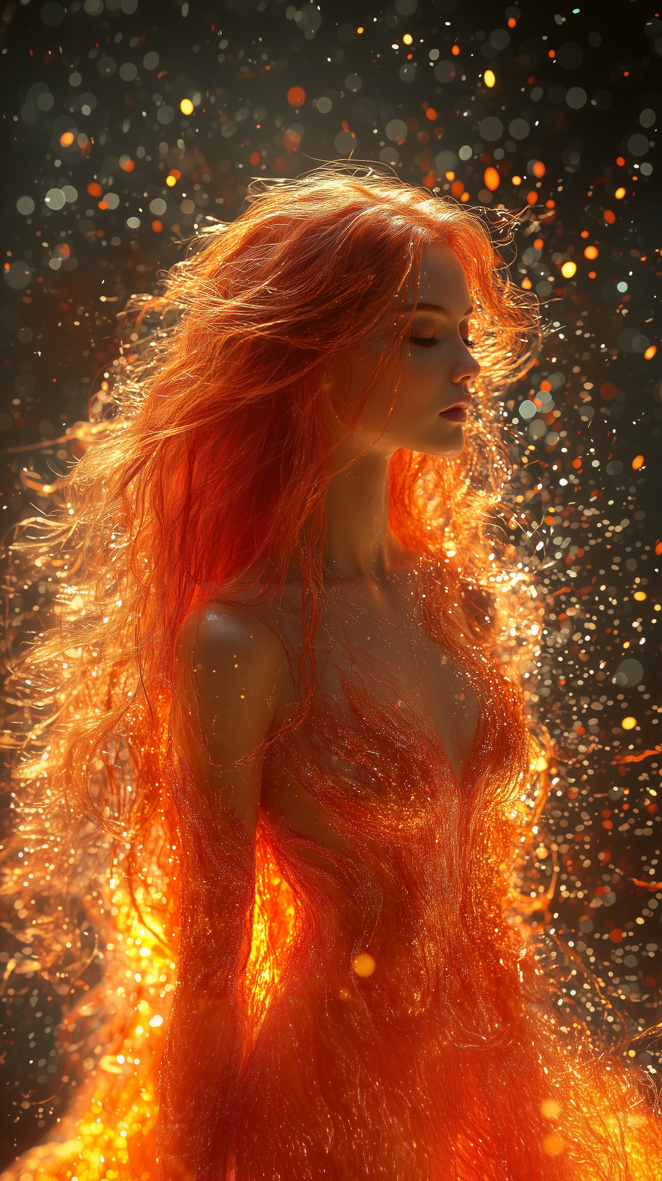 Fiery-haired fantasy portrait with glowing ember dress - High Resolution backlit-silhouette Wallpaper for Mobile and Desktop