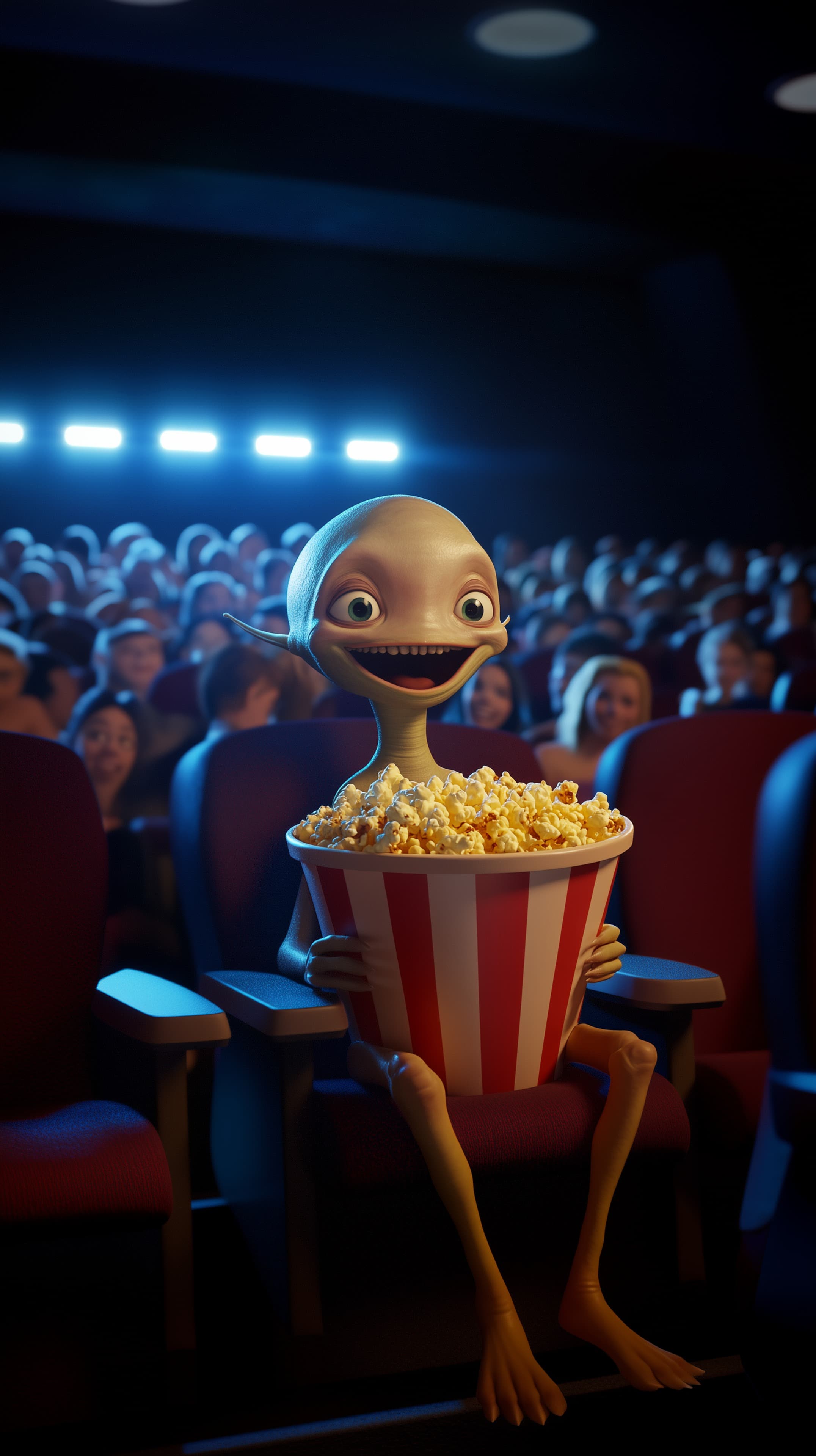 Whimsical Alien in a Movie Theater with Popcorn 3D Cartoon Wallpaper - High Resolution 3d-art Wallpaper for Mobile and Desktop