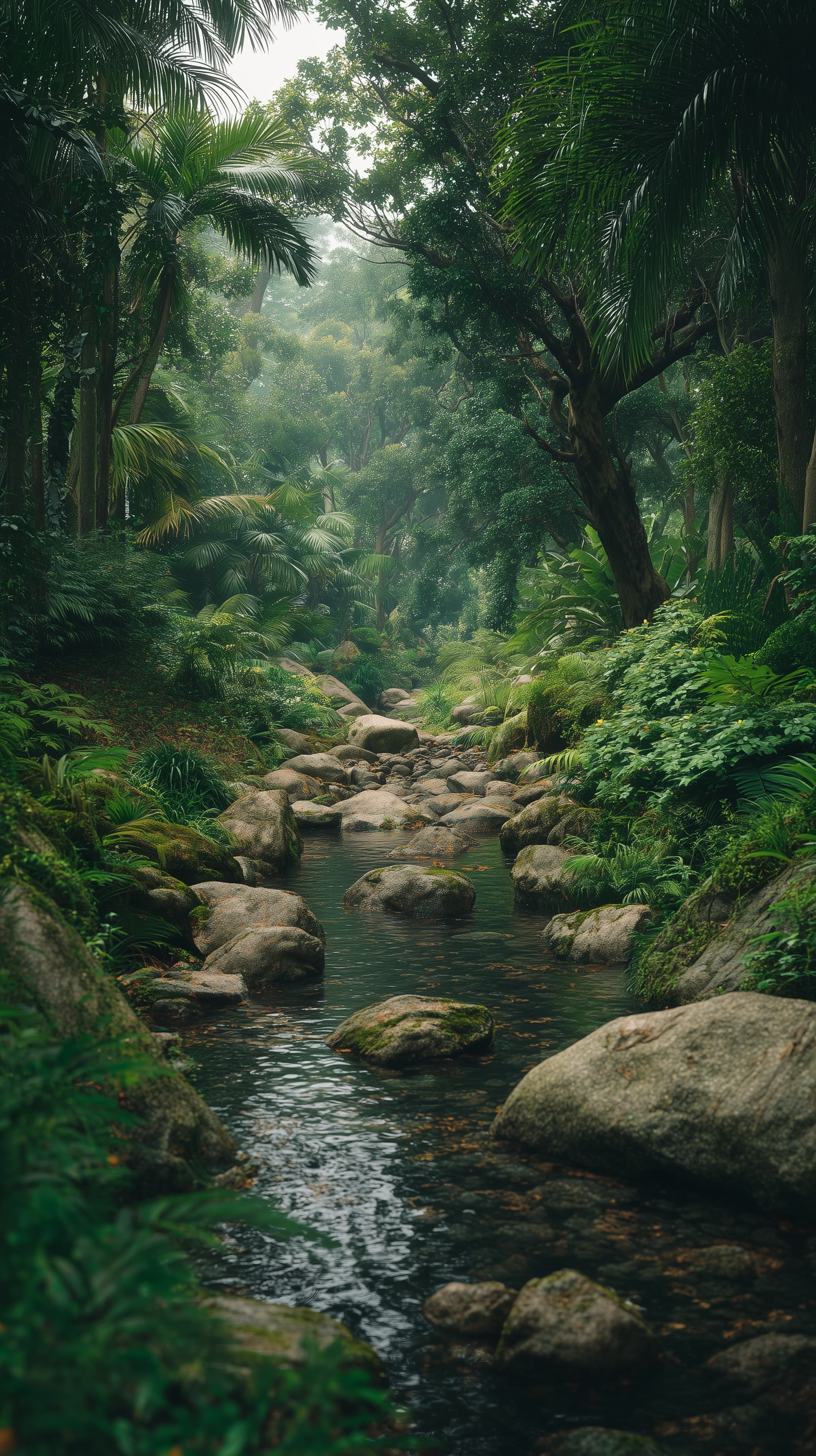 Misty Tropical Jungle Stream — Lush Green Nature Wallpaper - High Resolution calm-nature-photo Wallpaper for Mobile and Desktop