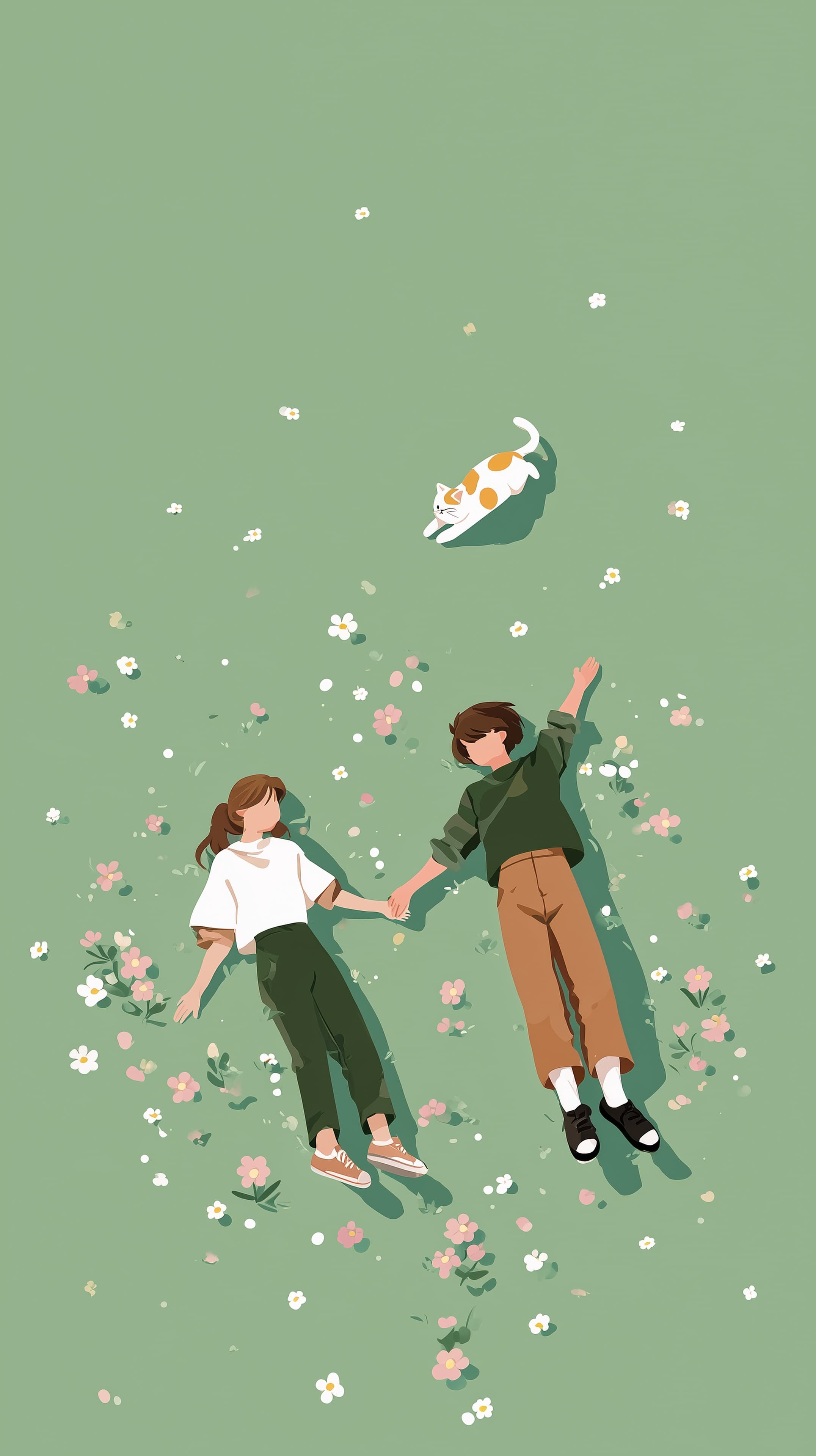 Serene Floral Field Portrait: Minimalist Couple Lying Together - High Resolution couple Wallpaper for Mobile and Desktop