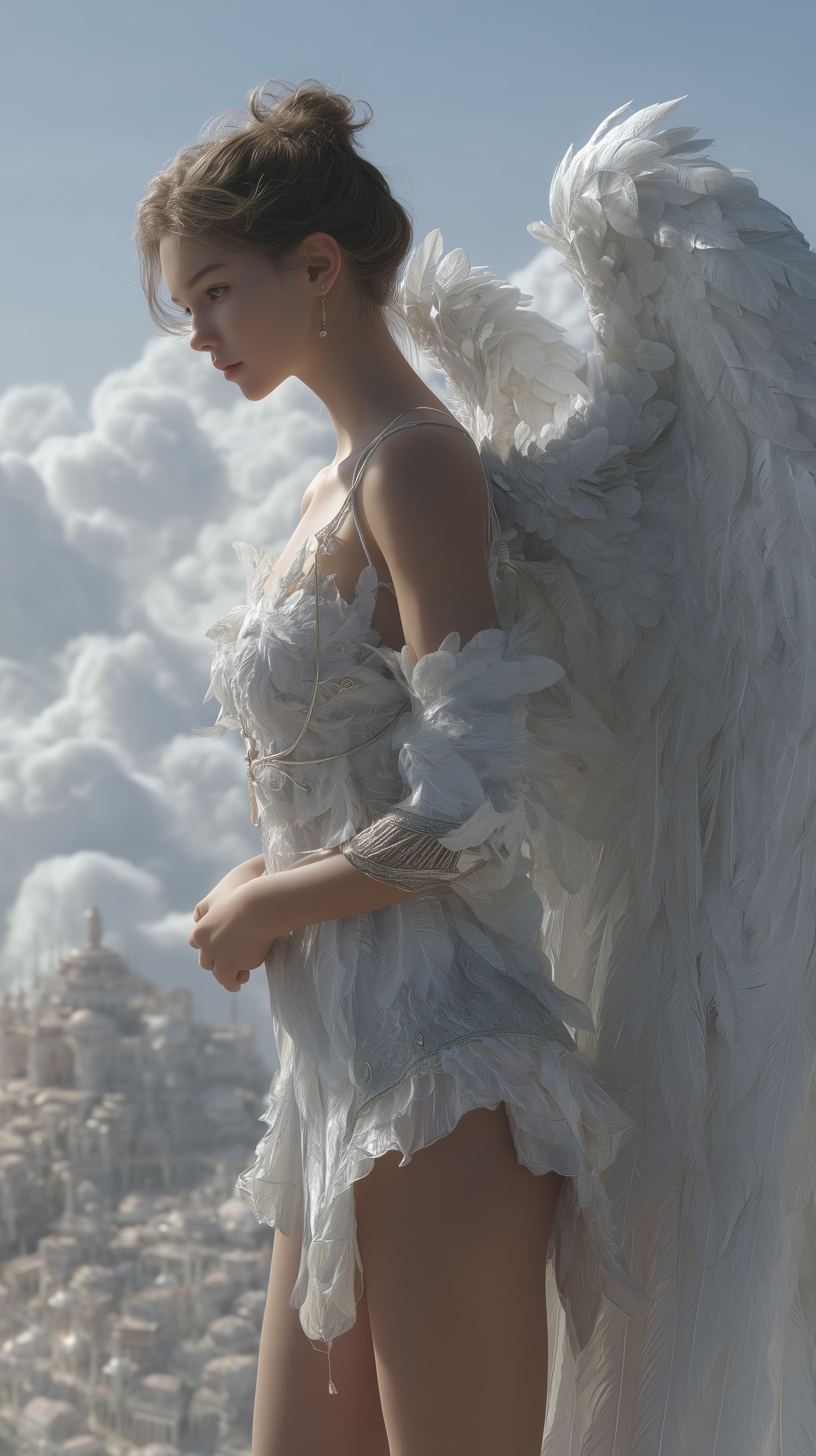 Ethereal Winged Figure Over Clouds – Dreamy Fantasy Wallpaper - High Resolution angelic Wallpaper for Mobile and Desktop