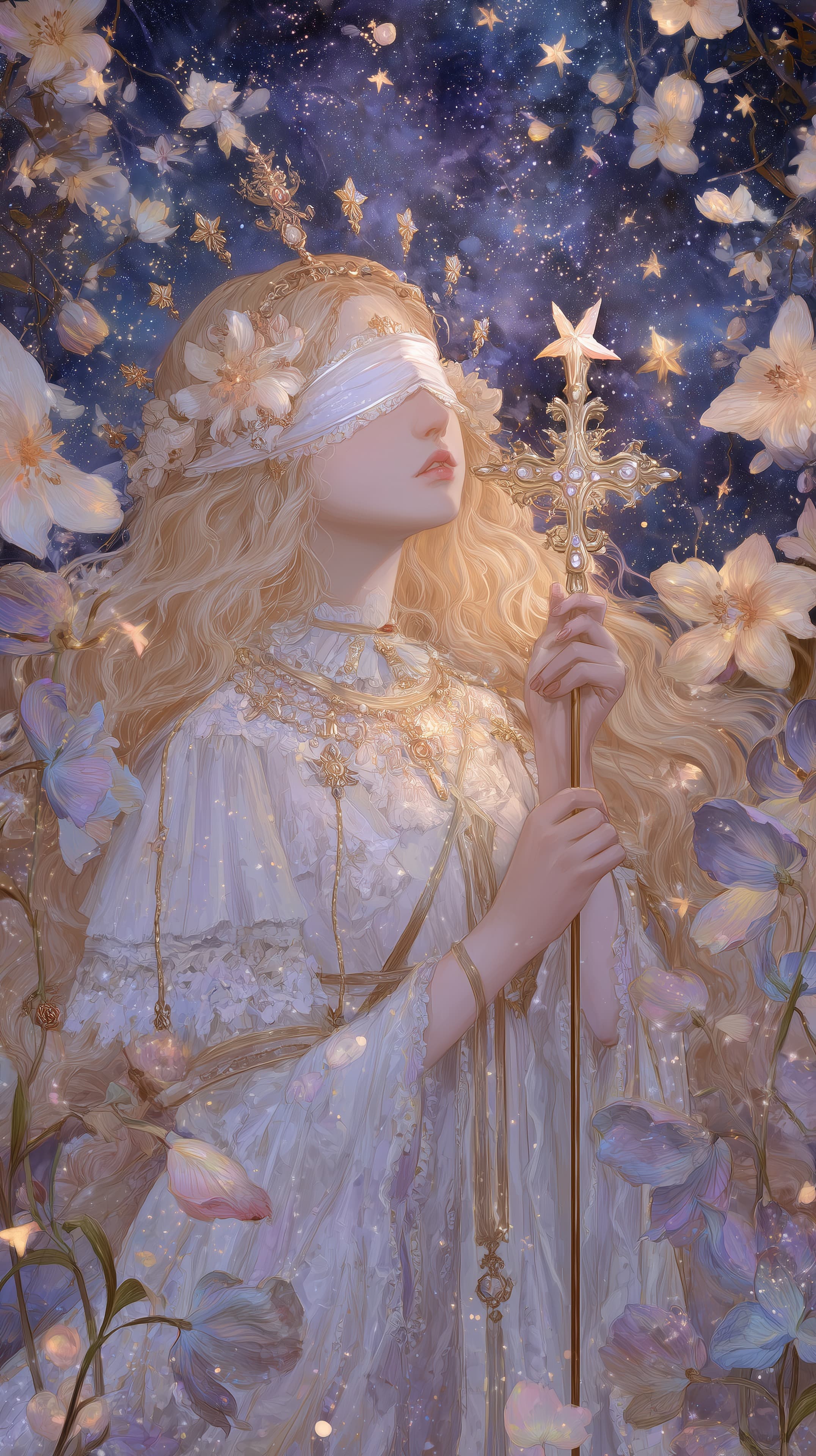Ethereal White-Gowned Maiden with Starry Night Cross Wallpaper - High Resolution celestial-imagery Wallpaper for Mobile and Desktop