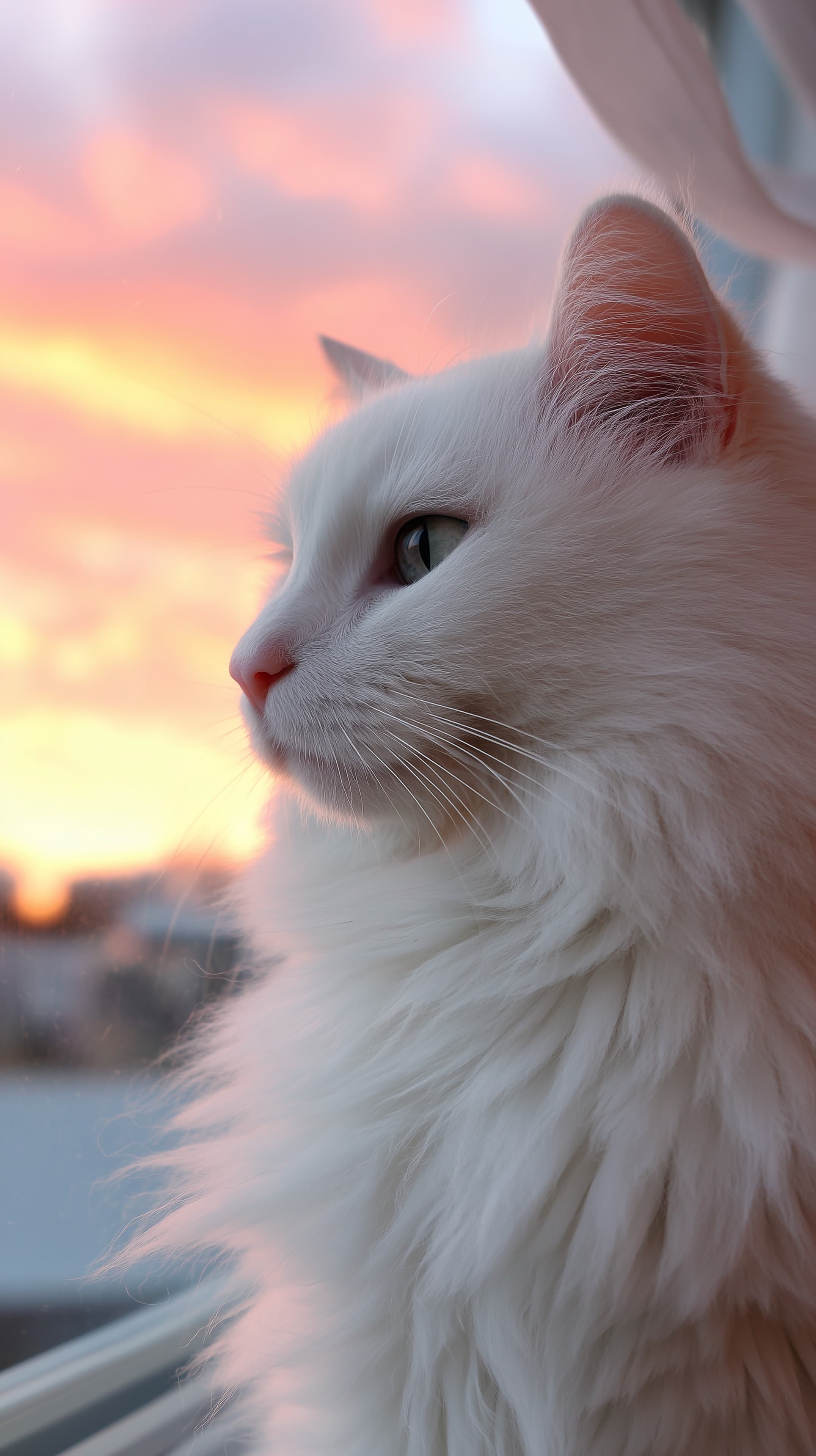 Soft White Cat Portrait at Sunset - Cozy Wall Art Wallpaper - High Resolution animal-portrait Wallpaper for Mobile and Desktop