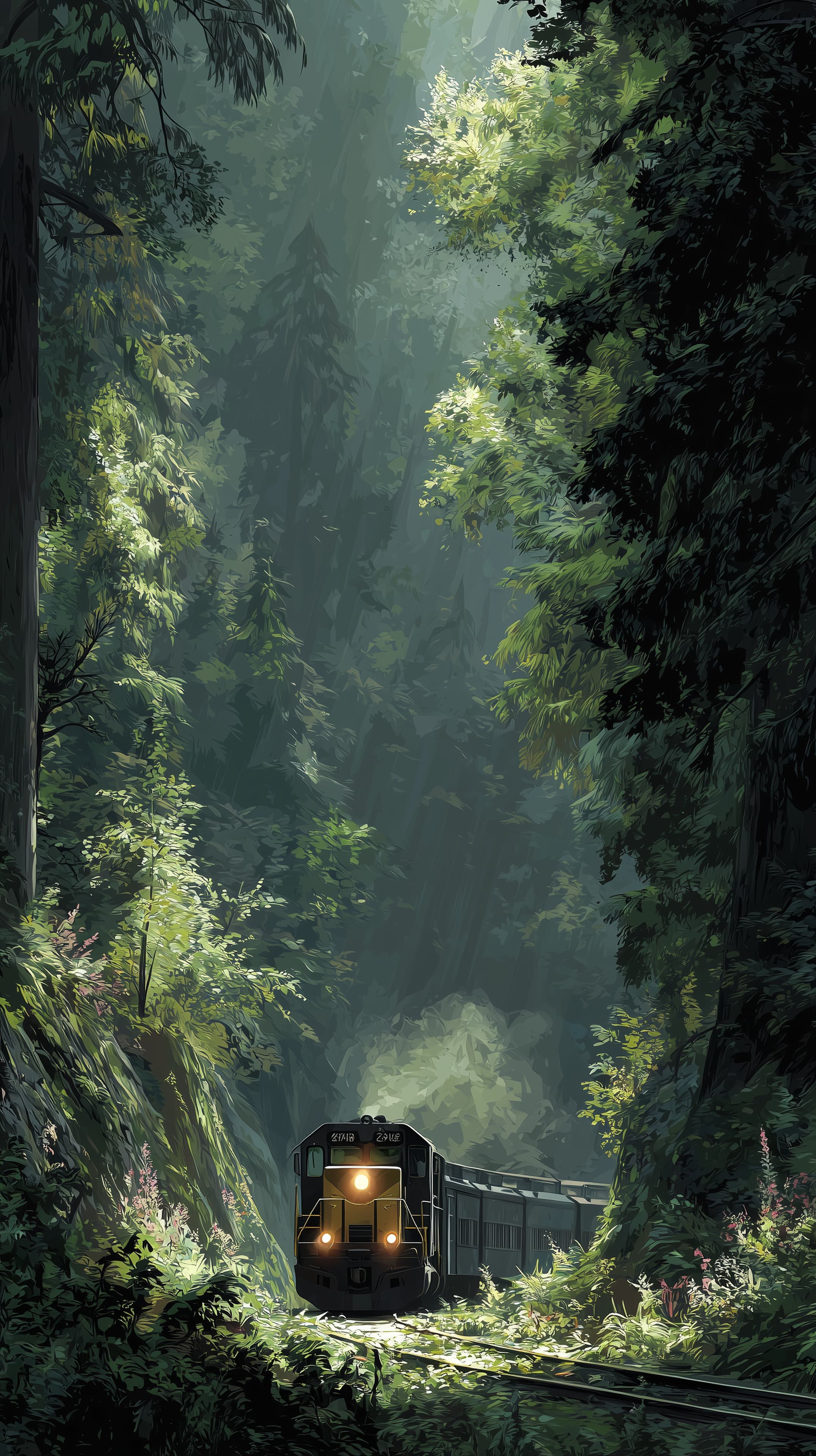 Mystical Forest Train Journey in Sunlit Canyon at Dawn - High Resolution canyon Wallpaper for Mobile and Desktop