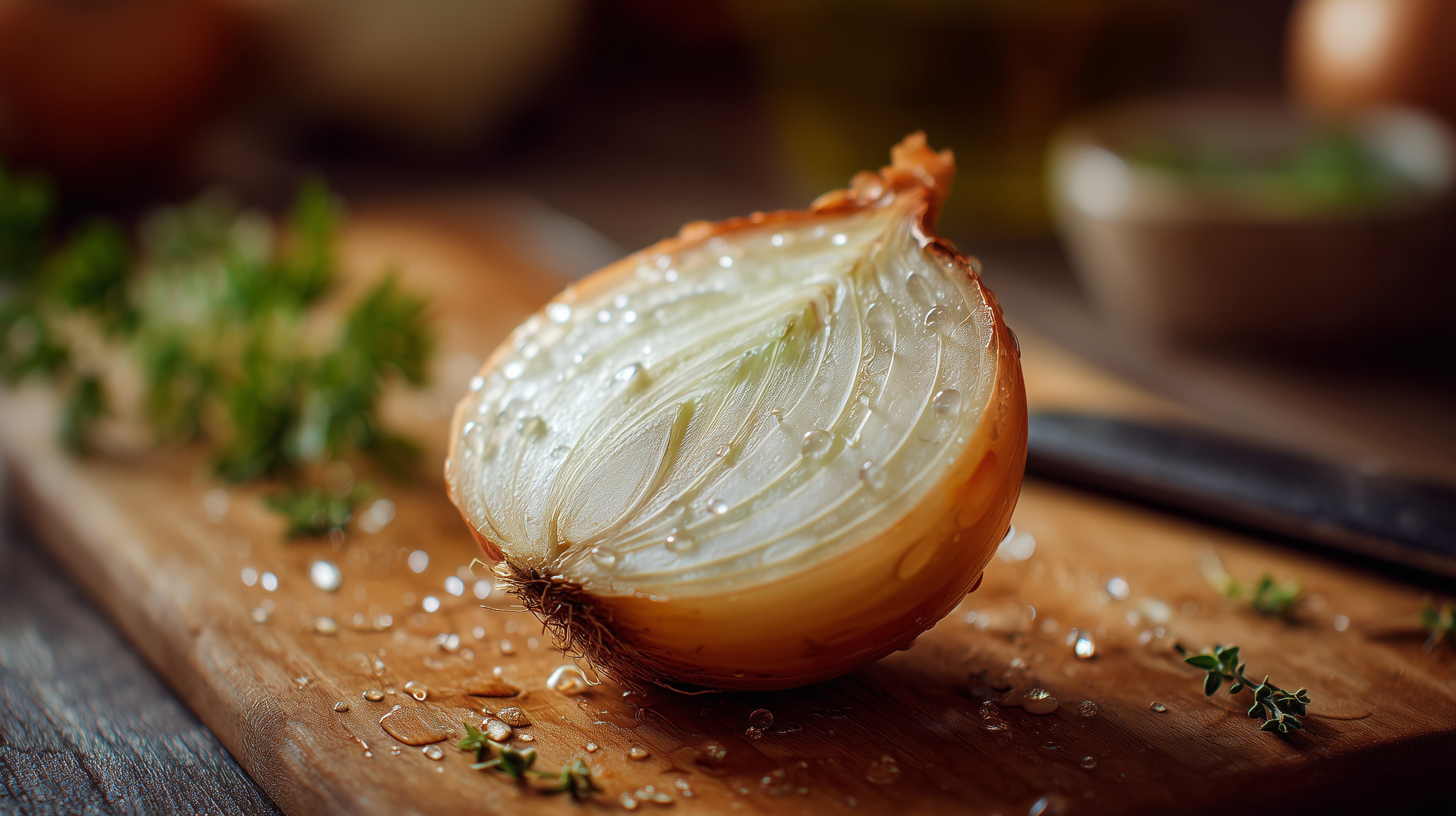 Macro Shot of a Glowing Onion on a Wooden Cutting Board - High Resolution onion Wallpaper for Mobile and Desktop