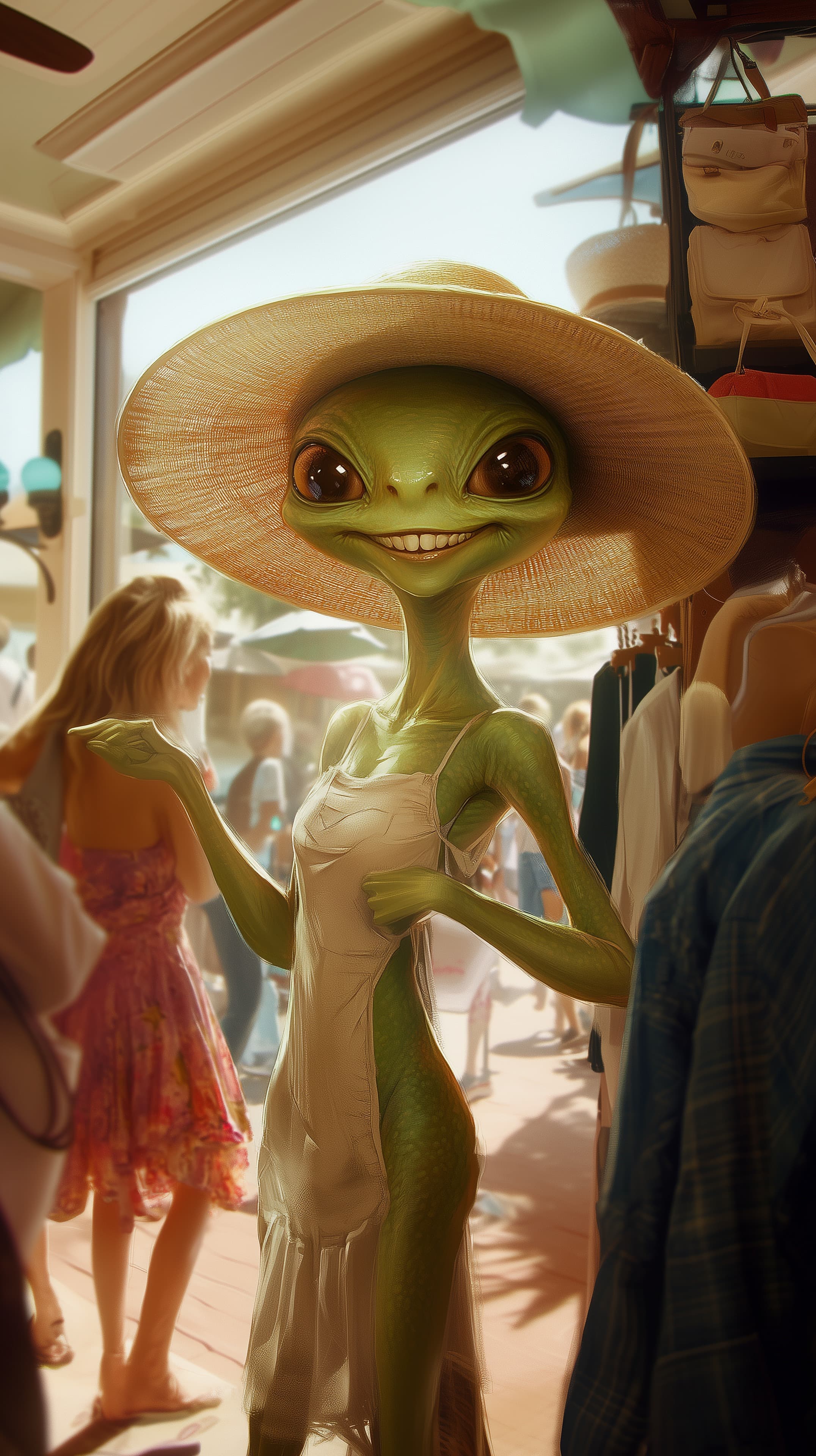 Sunny Market Alien in a Straw Hat Whimsical Wallpaper - High Resolution 3d-art Wallpaper for Mobile and Desktop