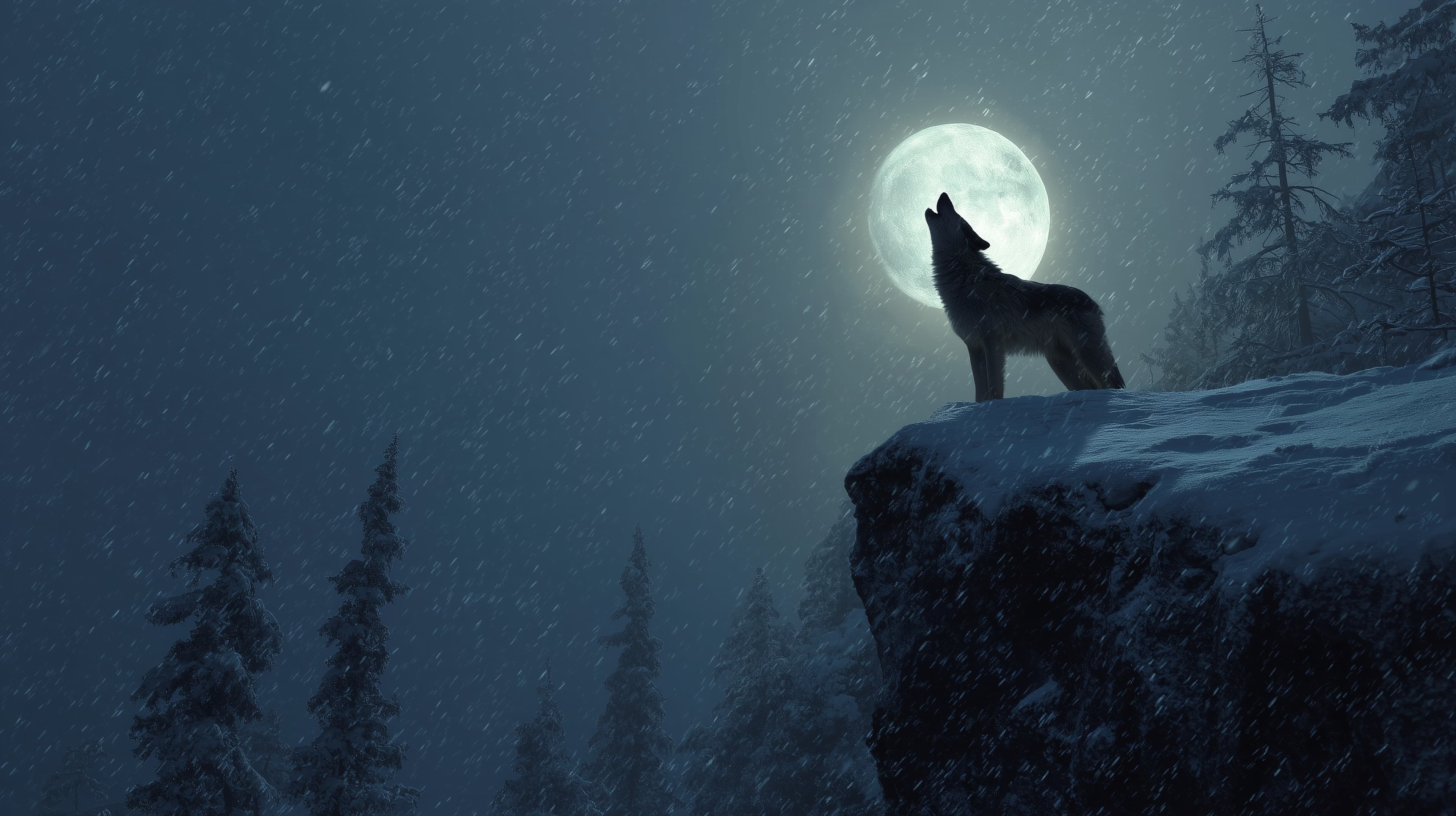 Moonlit Snow: Lone Wolf Howling on a Cliff Wallpaper - High Resolution wolf Wallpaper for Mobile and Desktop