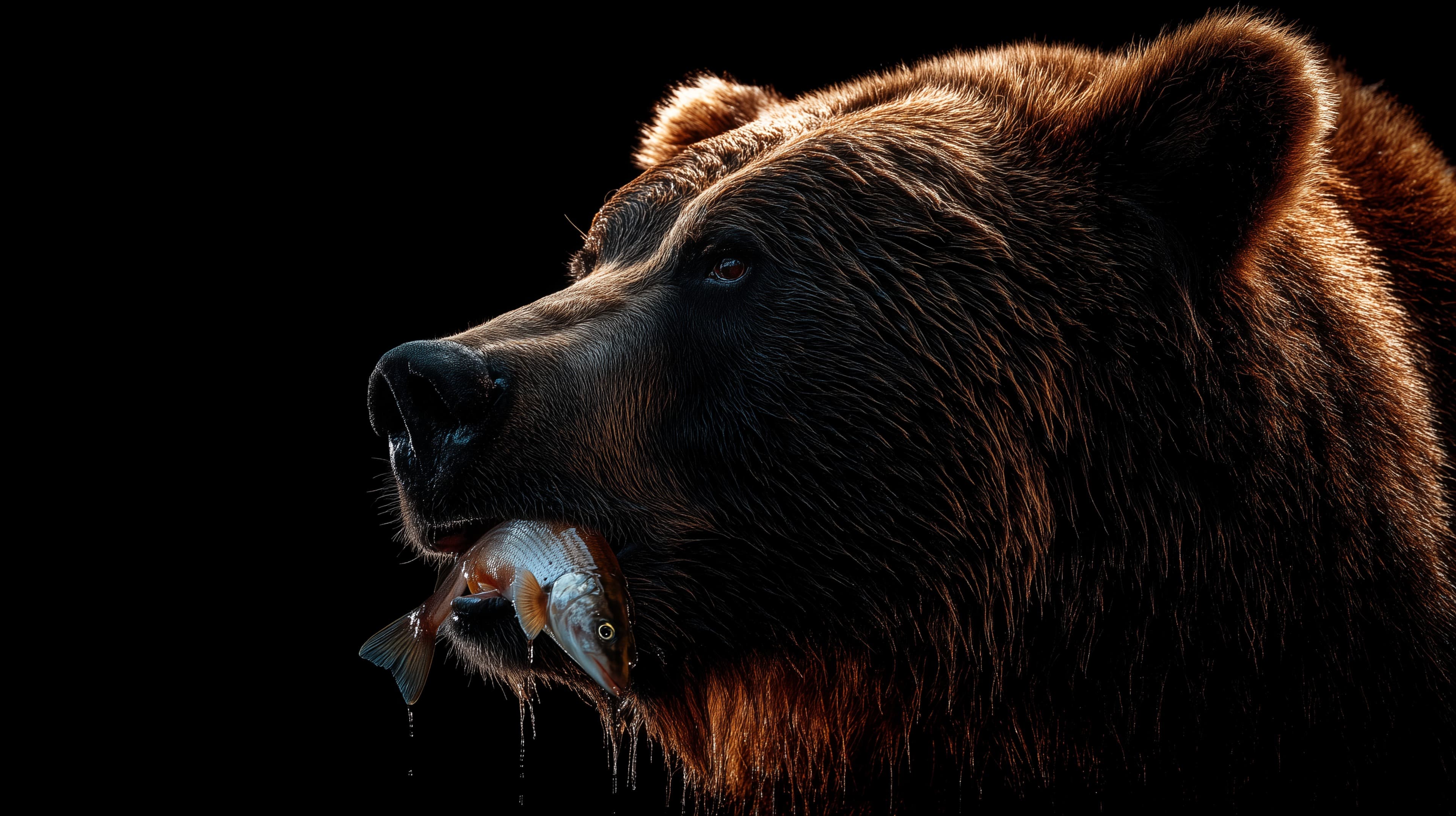 Dramatic Bear Portrait with Fish in Mouth - Wildlife Wallpaper - High Resolution bear Wallpaper for Mobile and Desktop