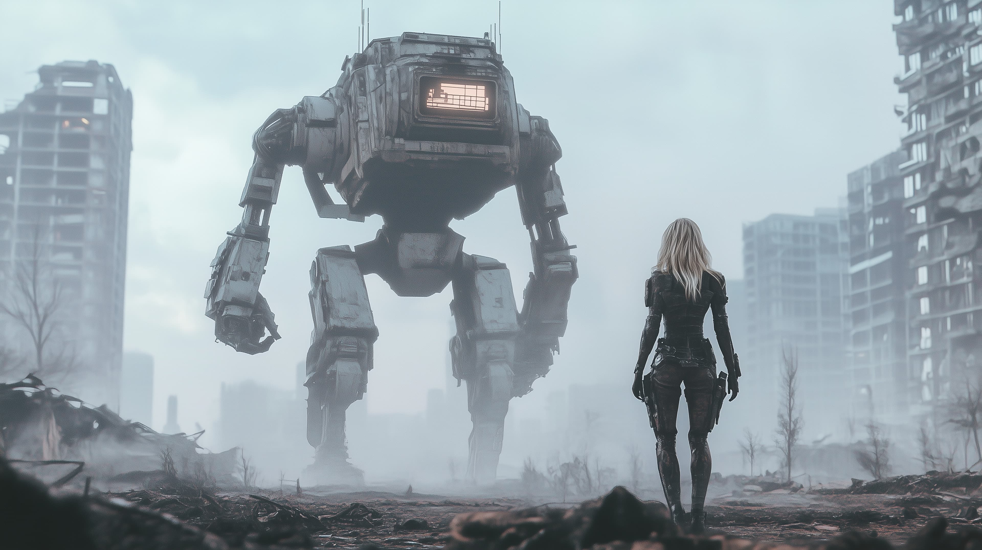 Post-Apocalyptic Cityscape: Giant Mech and Lone Heroine - High Resolution mech Wallpaper for Mobile and Desktop