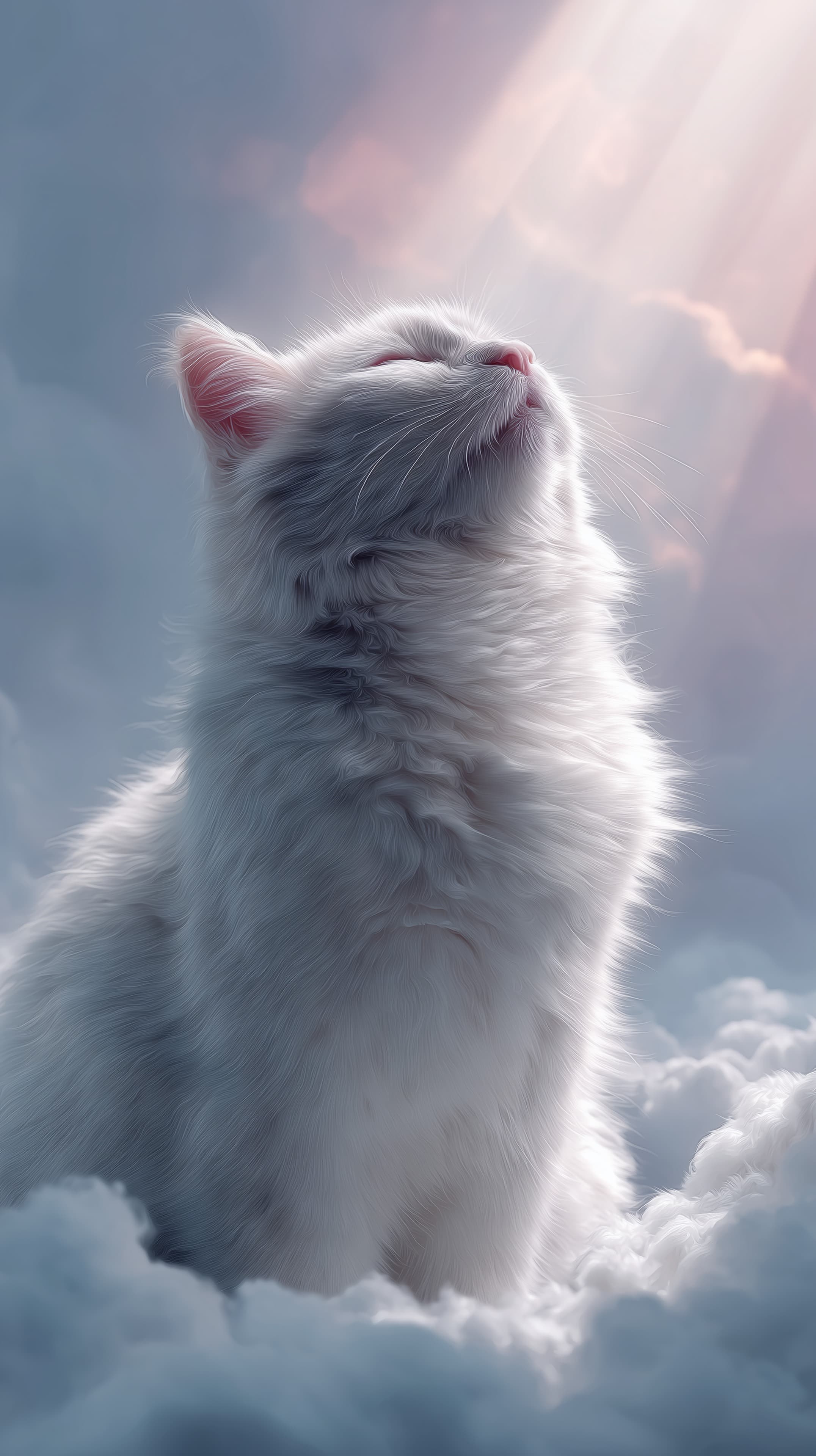 Serene White Cat in Dreamy Cloudscape with Soft Sunlight Wallpaper - High Resolution cat Wallpaper for Mobile and Desktop