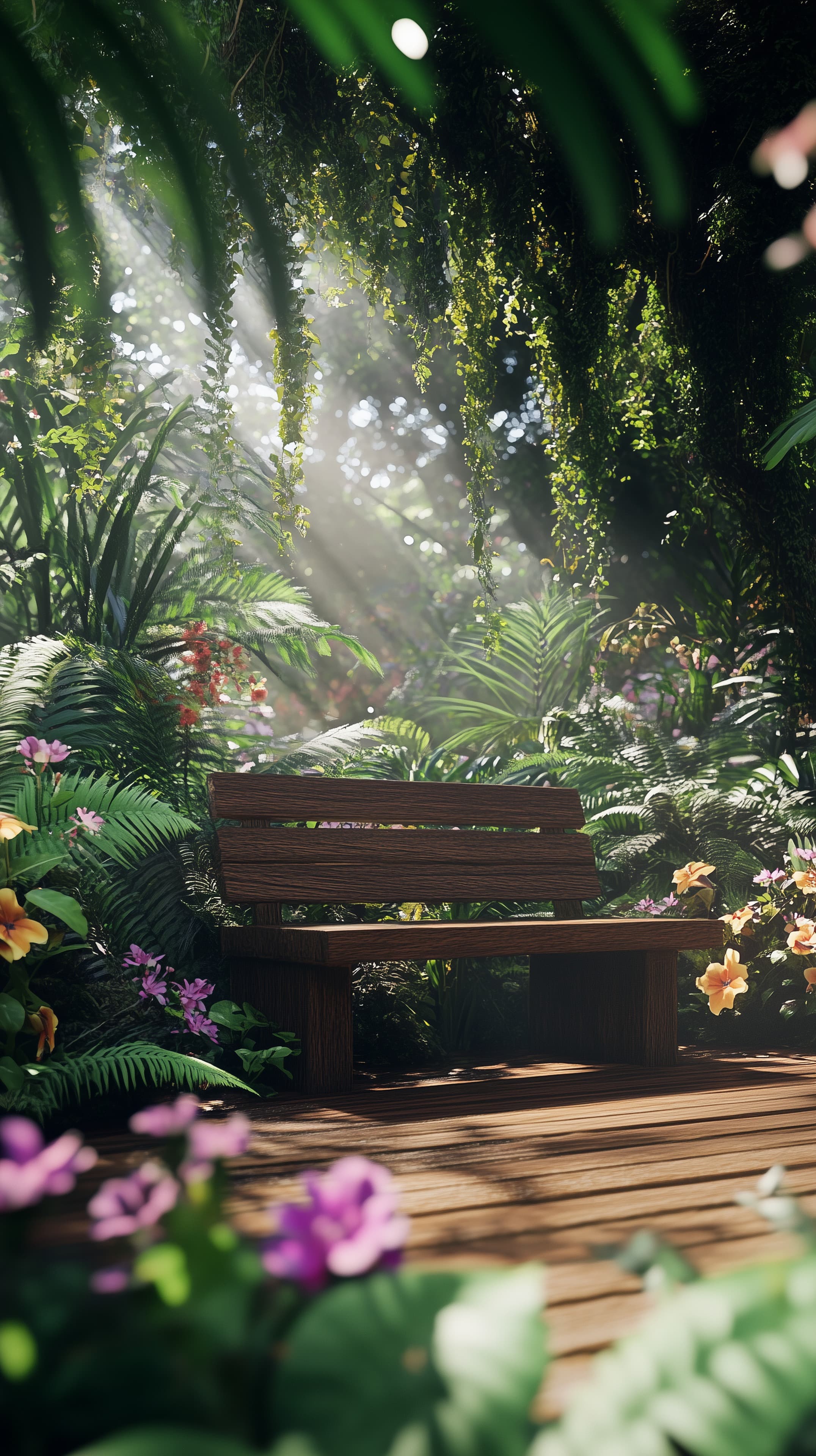 Tranquil tropical garden bench bathed in sunlit foliage - High Resolution garden Wallpaper for Mobile and Desktop