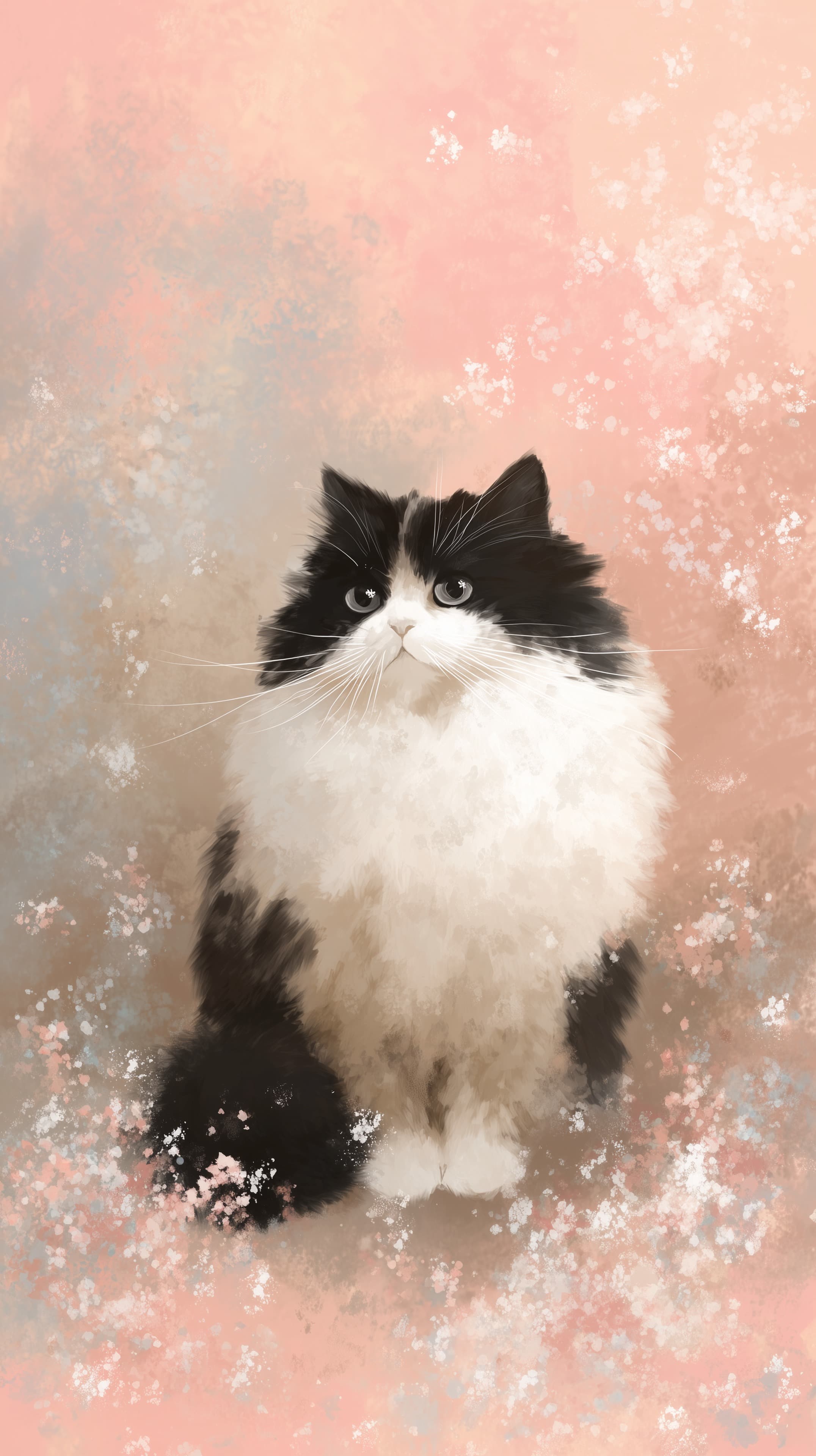 Fluffy Black-and-White Cat on Soft Pink Watercolor Background - High Resolution cat Wallpaper for Mobile and Desktop