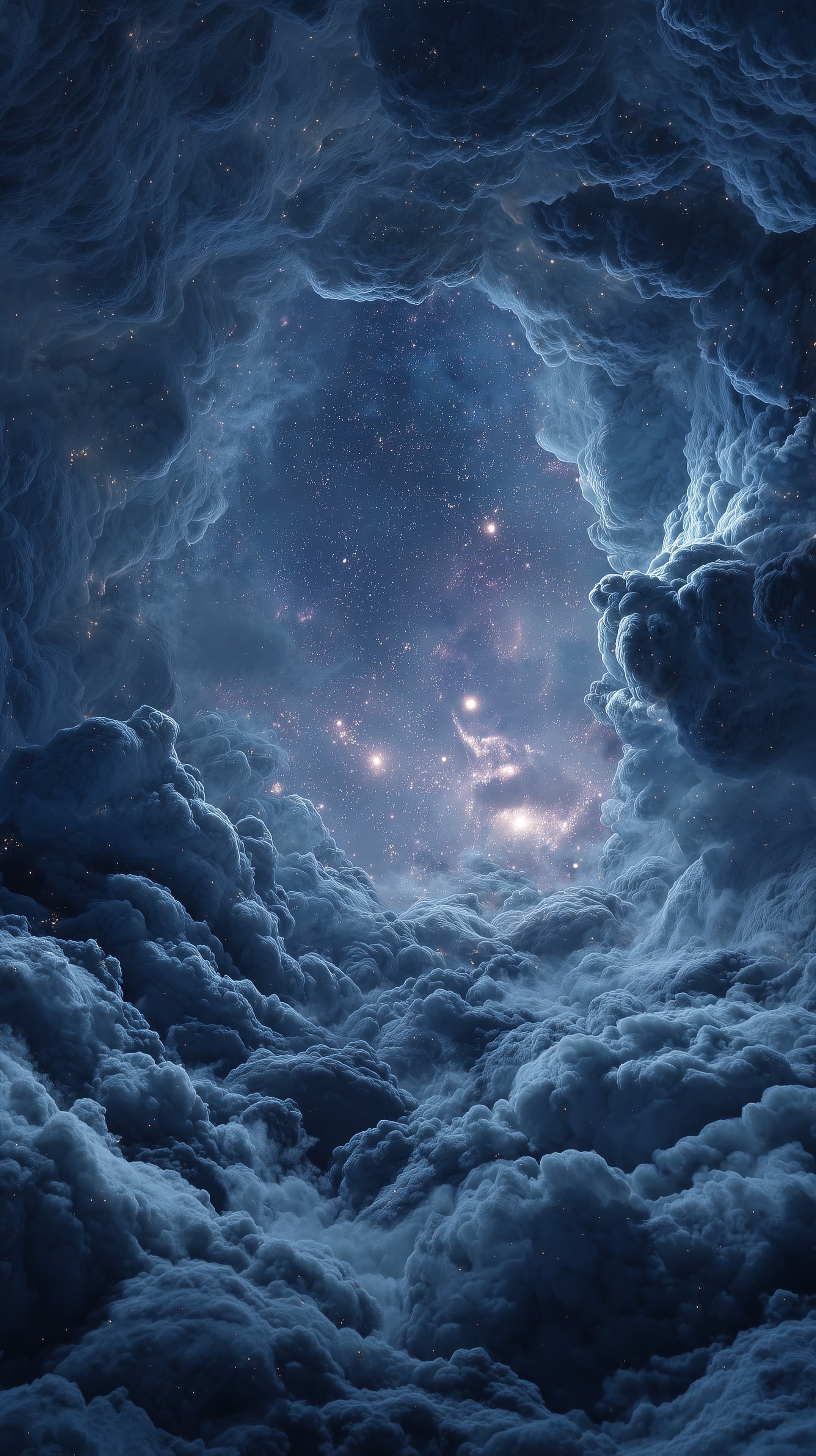 Dreamy Night Sky in an Ethereal Celestial Cloud Cave Scene - High Resolution blue-tones Wallpaper for Mobile and Desktop