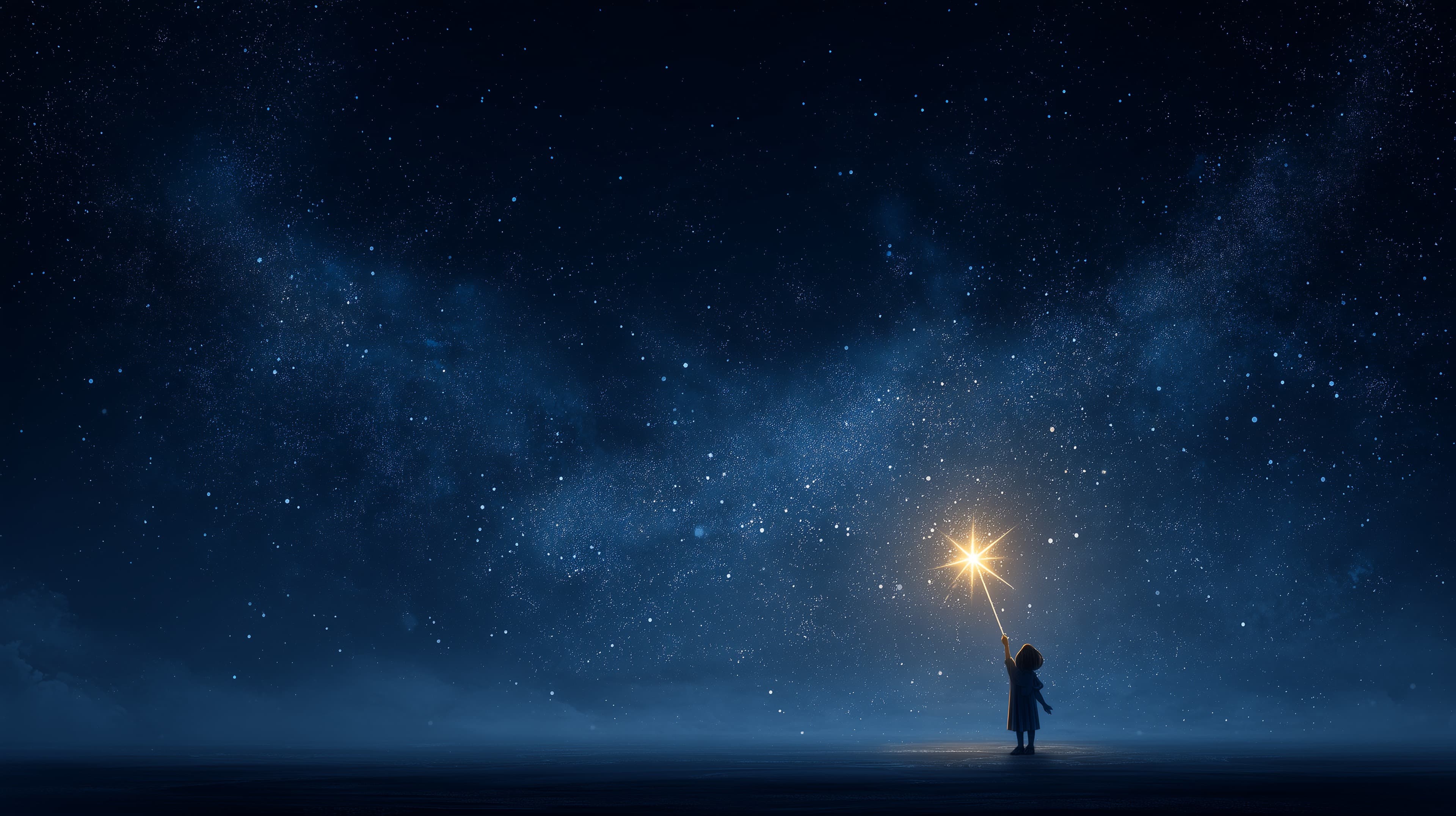 Starry Night Dream: Silhouette Under a Sparkler in a Vast Sky - High Resolution blue-tones Wallpaper for Mobile and Desktop