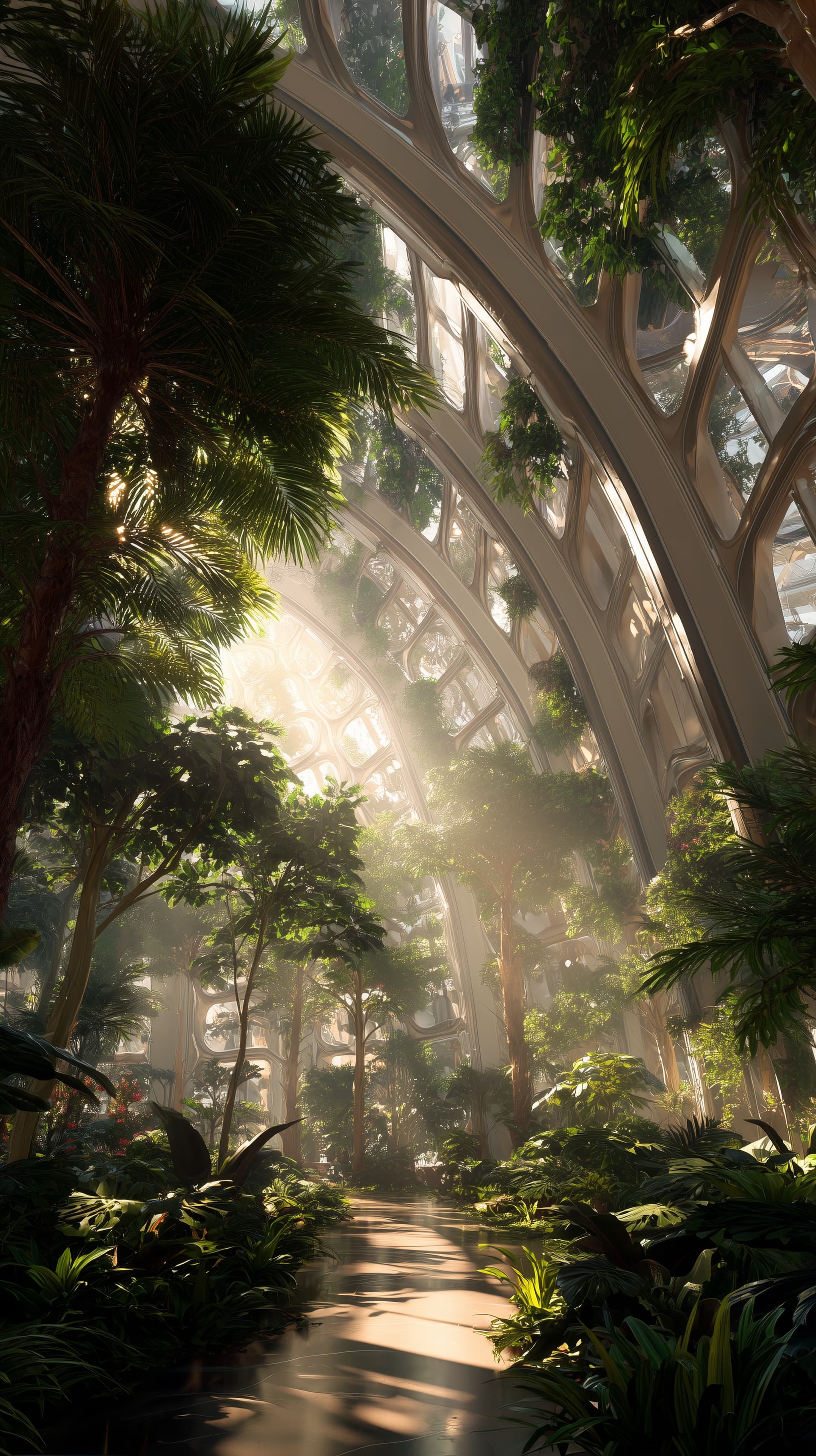 Sunlit Indoor Jungle in Futuristic Glass Conservatory - High Resolution botanical-conservatory Wallpaper for Mobile and Desktop