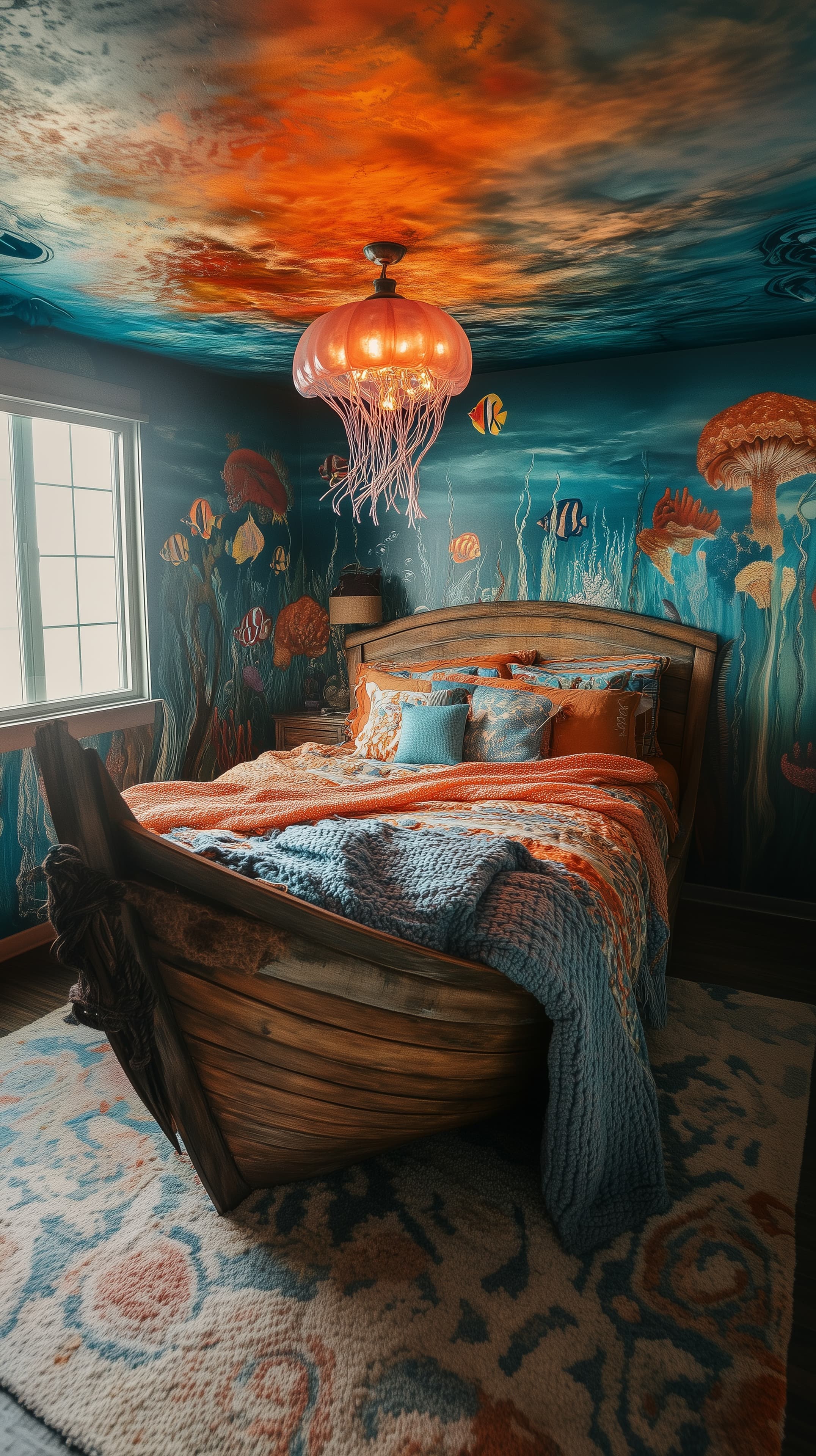 Underwater Ocean Wall Mural Bedroom with Jellyfish Ceiling Light - High Resolution bedroom-decor Wallpaper for Mobile and Desktop