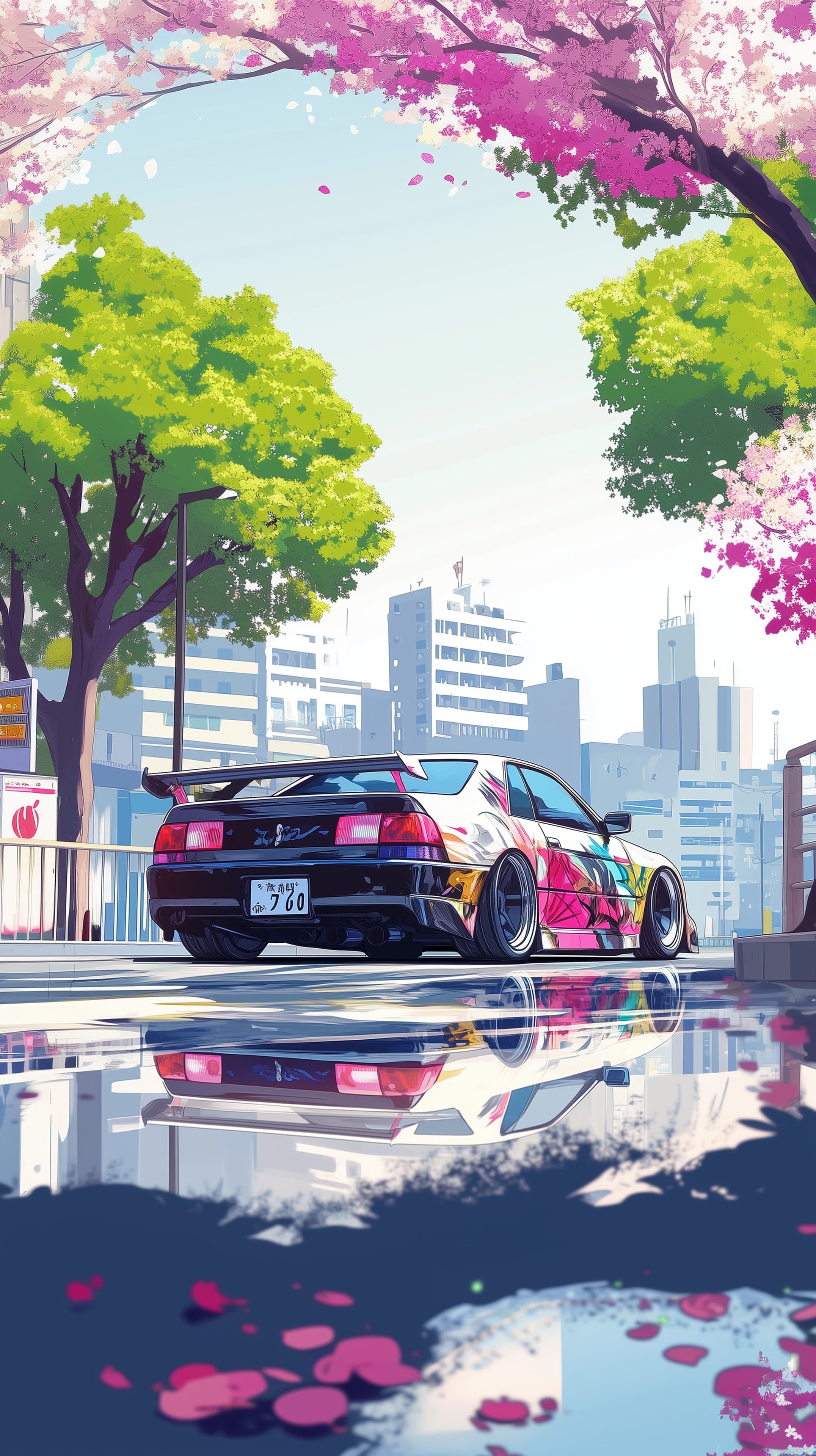 Vibrant Sakura City Street Car - Anime Style Wallpaper - High Resolution anime-style Wallpaper for Mobile and Desktop