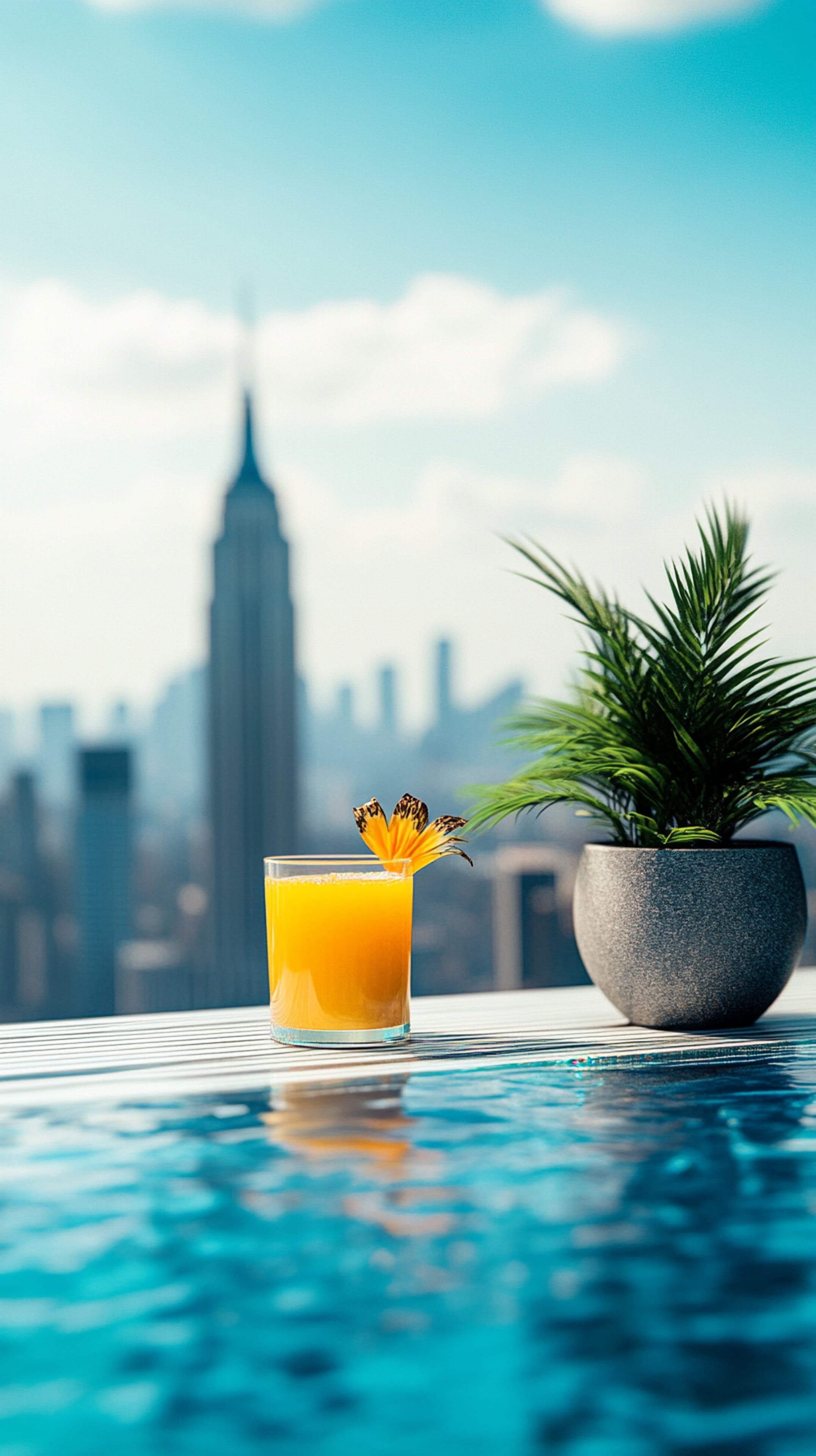 Poolside Orange Juice on Rooftop Terrace with City Skyline - High Resolution poolside Wallpaper for Mobile and Desktop