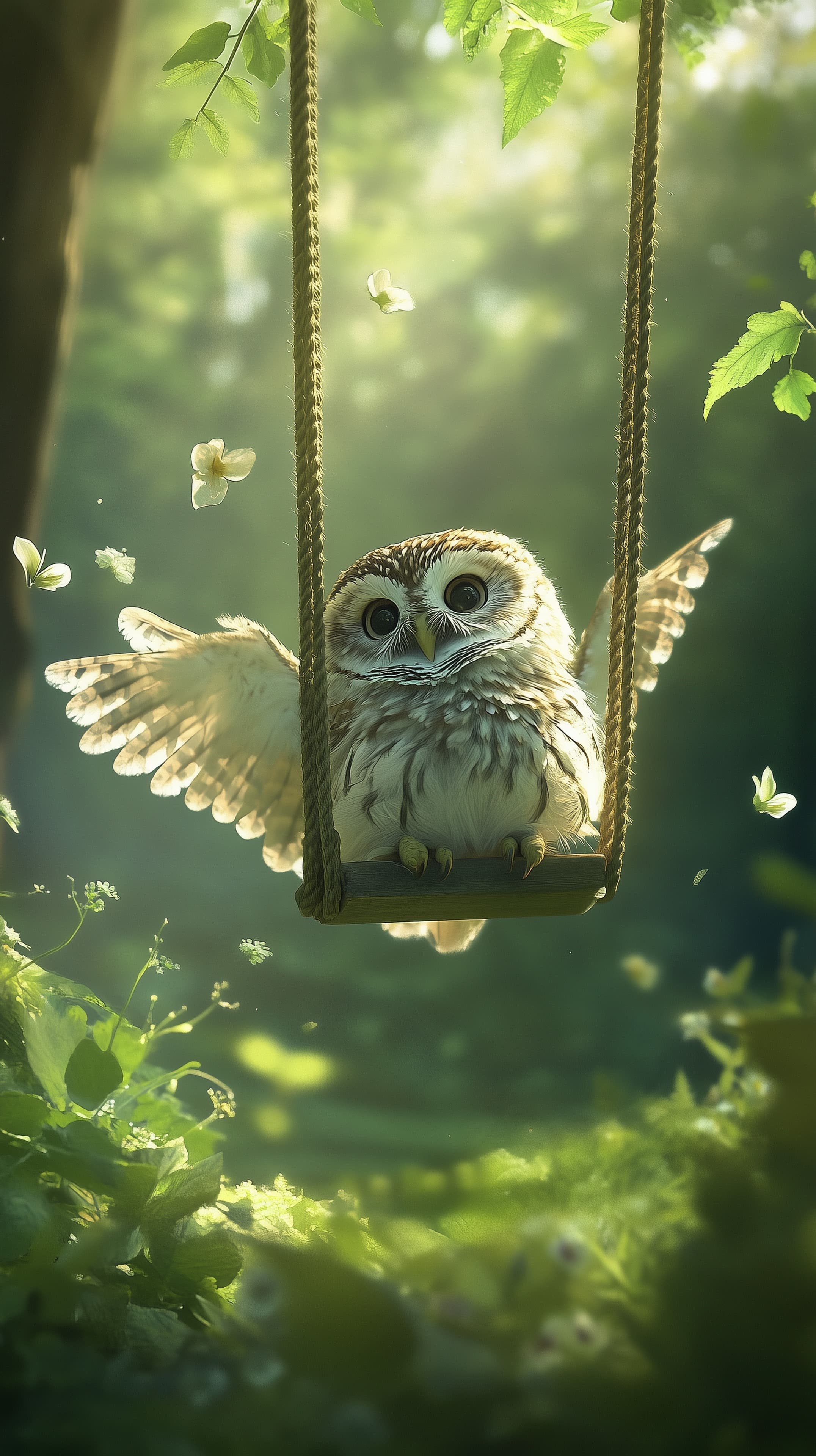 Dreamy Owl on a Rope Swing in a Sunlit Forest Garden Morning Glow - High Resolution butterflies Wallpaper for Mobile and Desktop