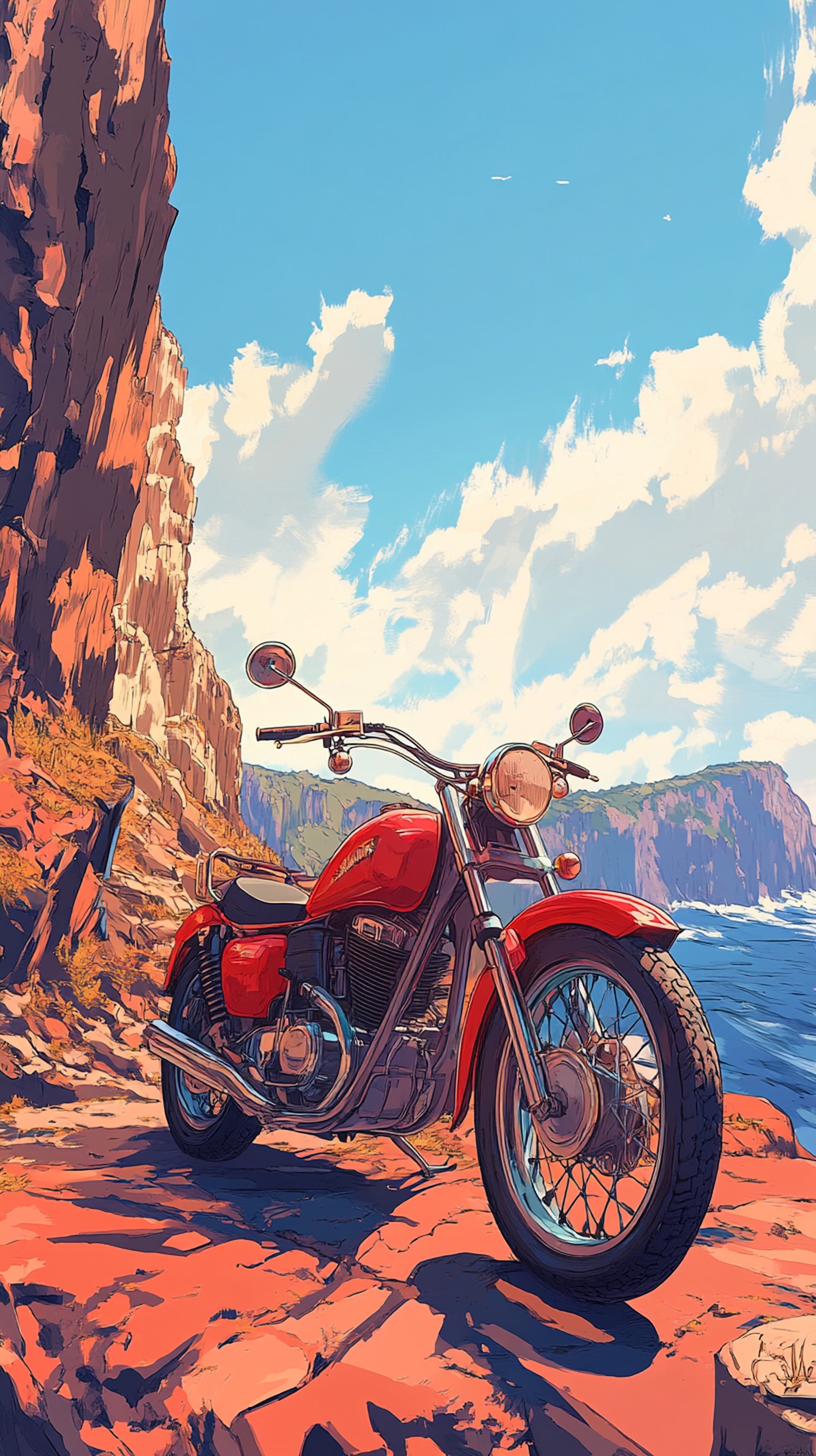 Red Motorcycle by Cliffside Coastline — Vibrant Adventure Art - High Resolution motorcycle Wallpaper for Mobile and Desktop