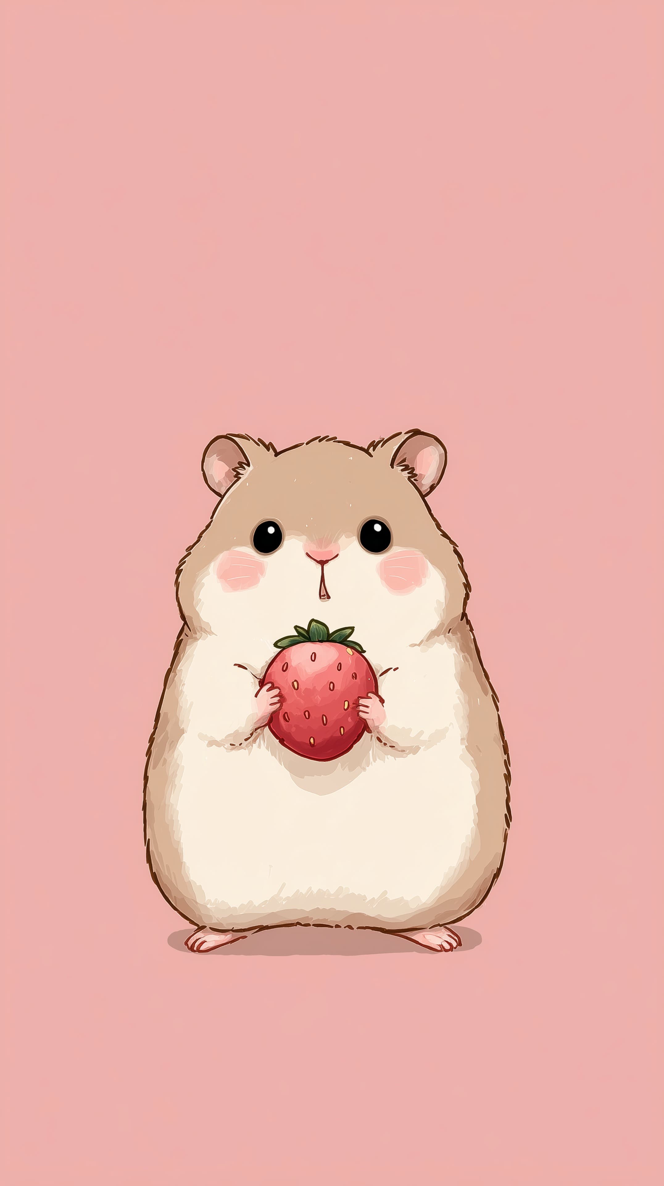 Cute Hamster Holding Strawberry Wallpaper on Pink Background - High Resolution adorable-rodent Wallpaper for Mobile and Desktop