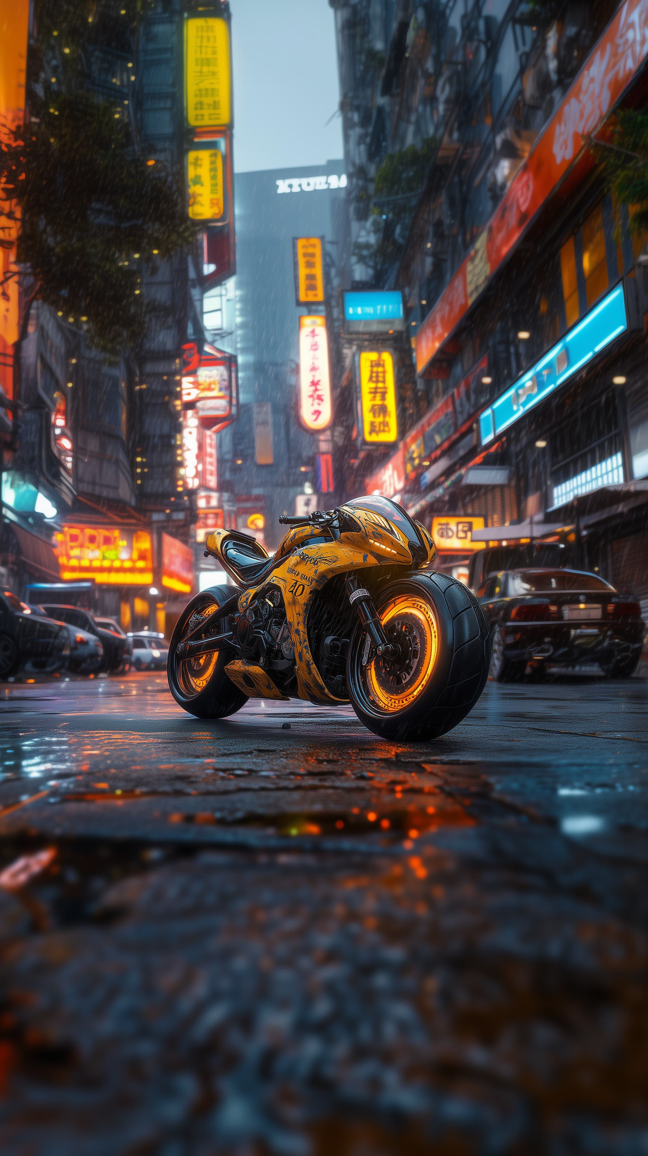Neon Rainy Night: Yellow Sport Motorcycle in City Streets - High Resolution neon Wallpaper for Mobile and Desktop
