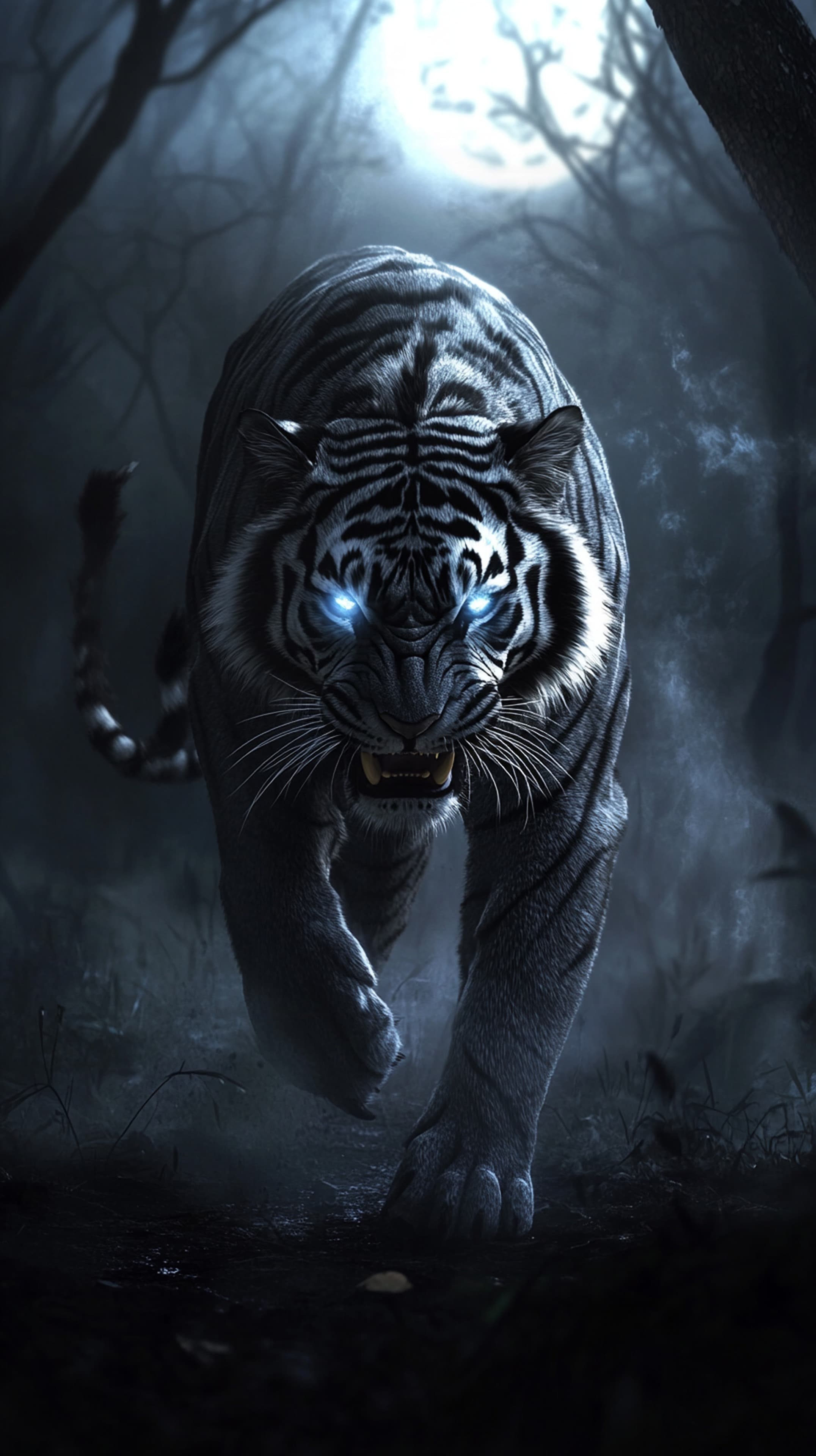 Moonlit Forest White Tiger with Glowing Blue Eyes Wallpaper - High Resolution tiger Wallpaper for Mobile and Desktop