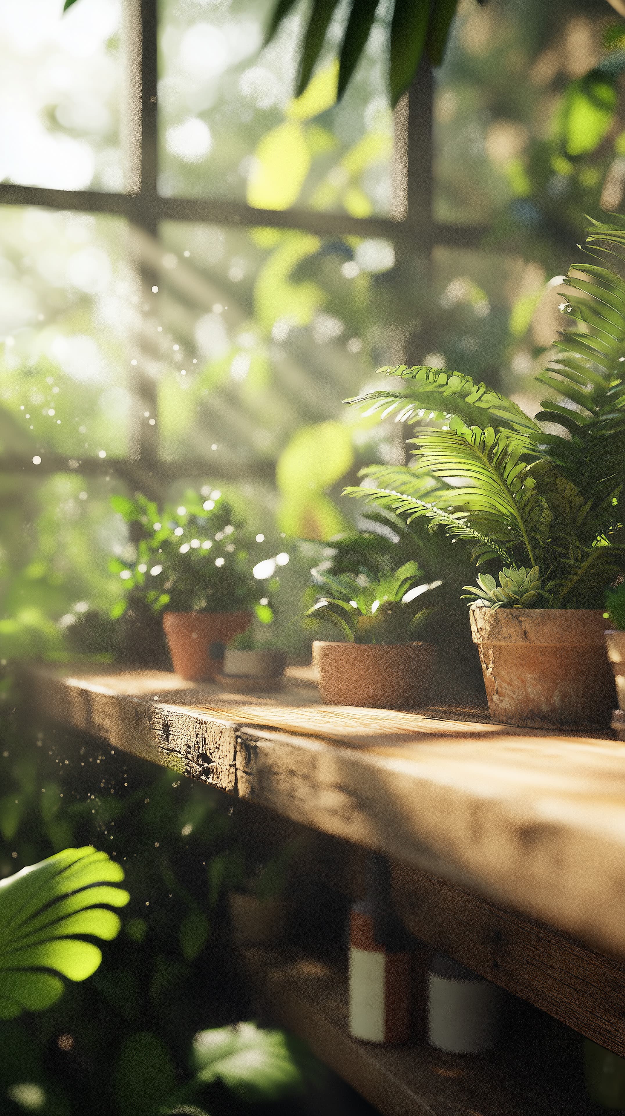 Sunlit Windowsill Garden: Lush Greenery and Quiet Morning Vibe - High Resolution sunlight Wallpaper for Mobile and Desktop