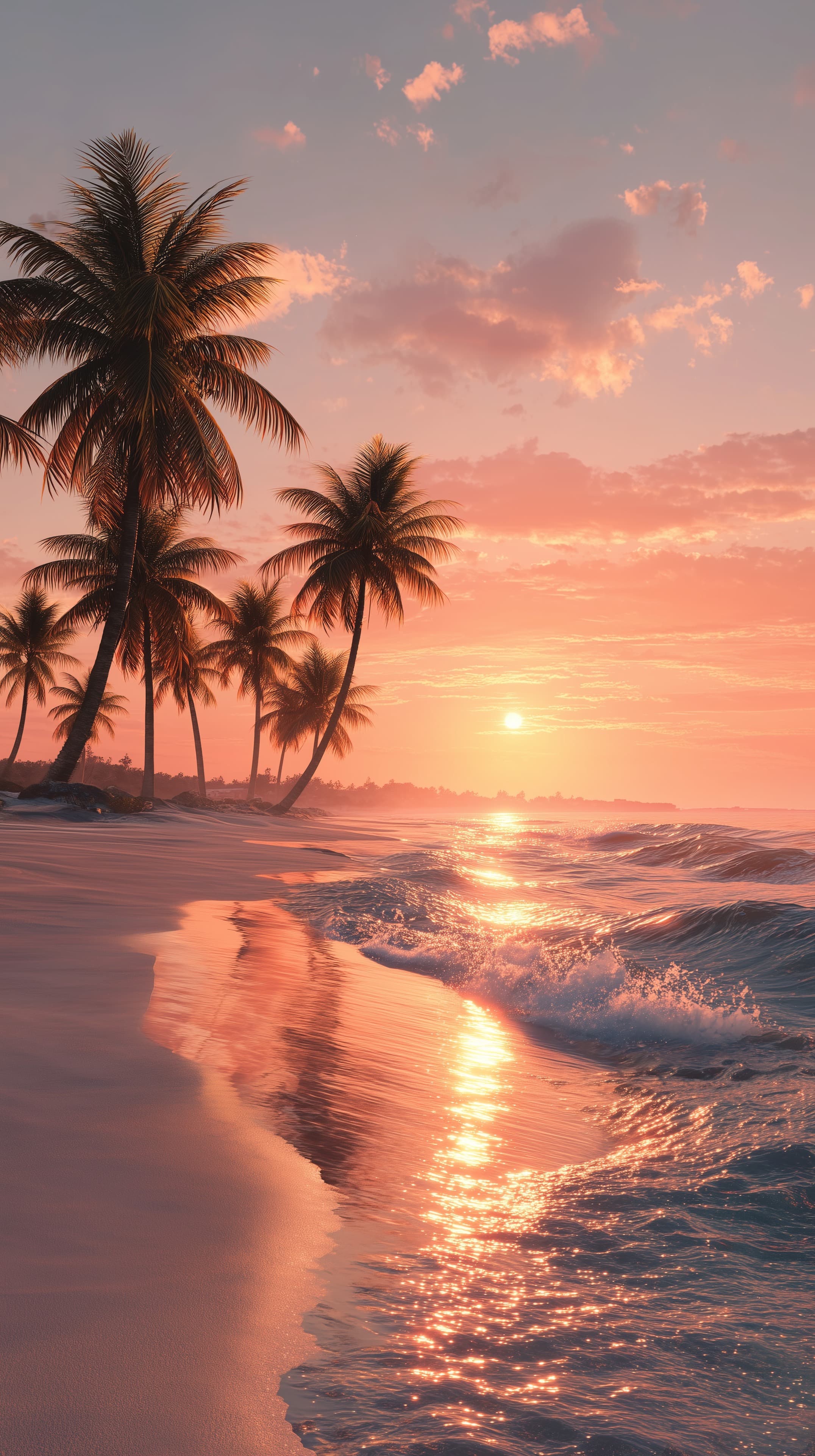 Sunset Palm Beach Seascape Wallpaper: Pink Sky, Gentle Waves - High Resolution beach Wallpaper for Mobile and Desktop