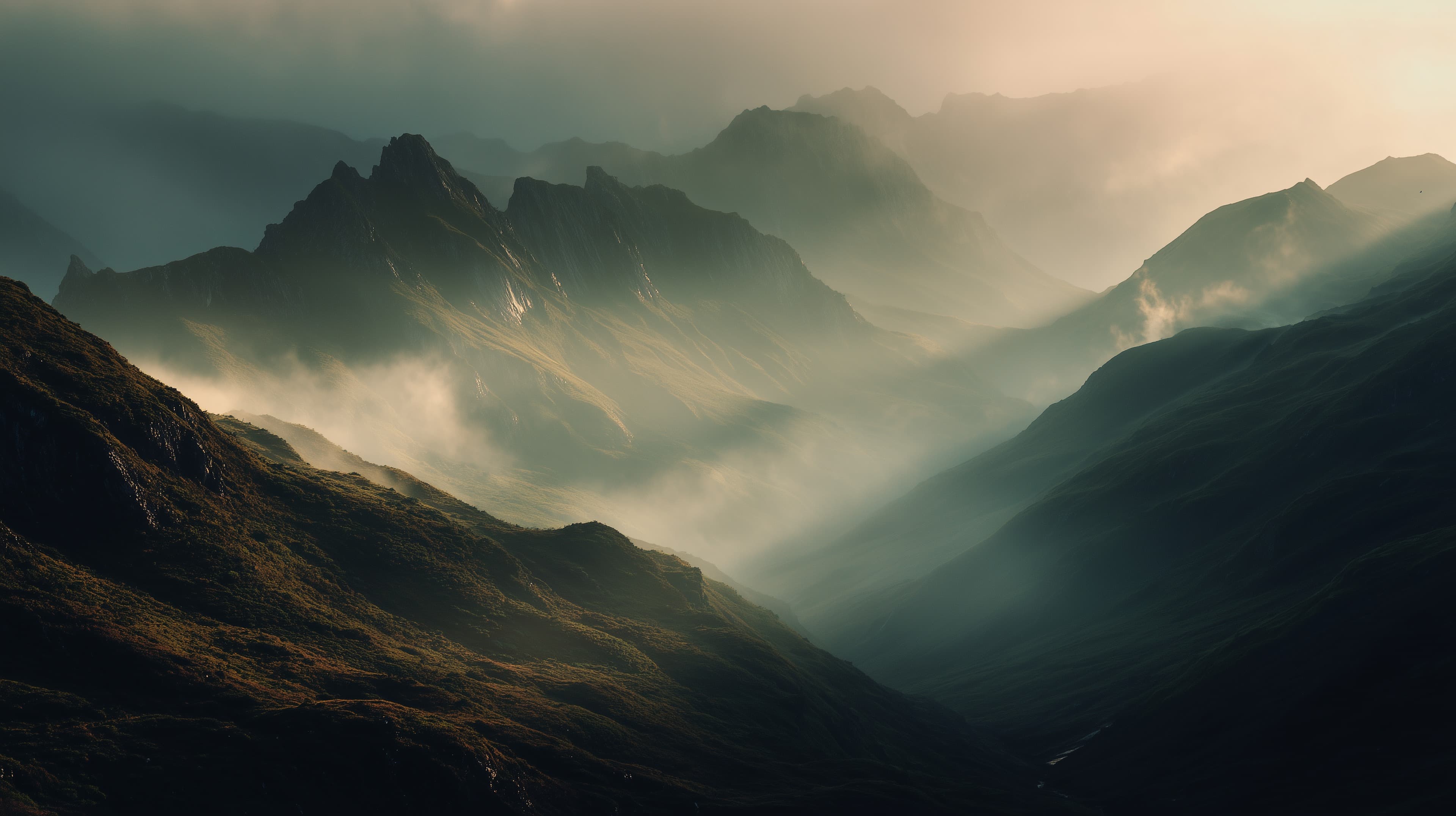 Dawn Mist Over Majestic Mountain Valleys - Atmospheric Landscape - High Resolution alpine Wallpaper for Mobile and Desktop