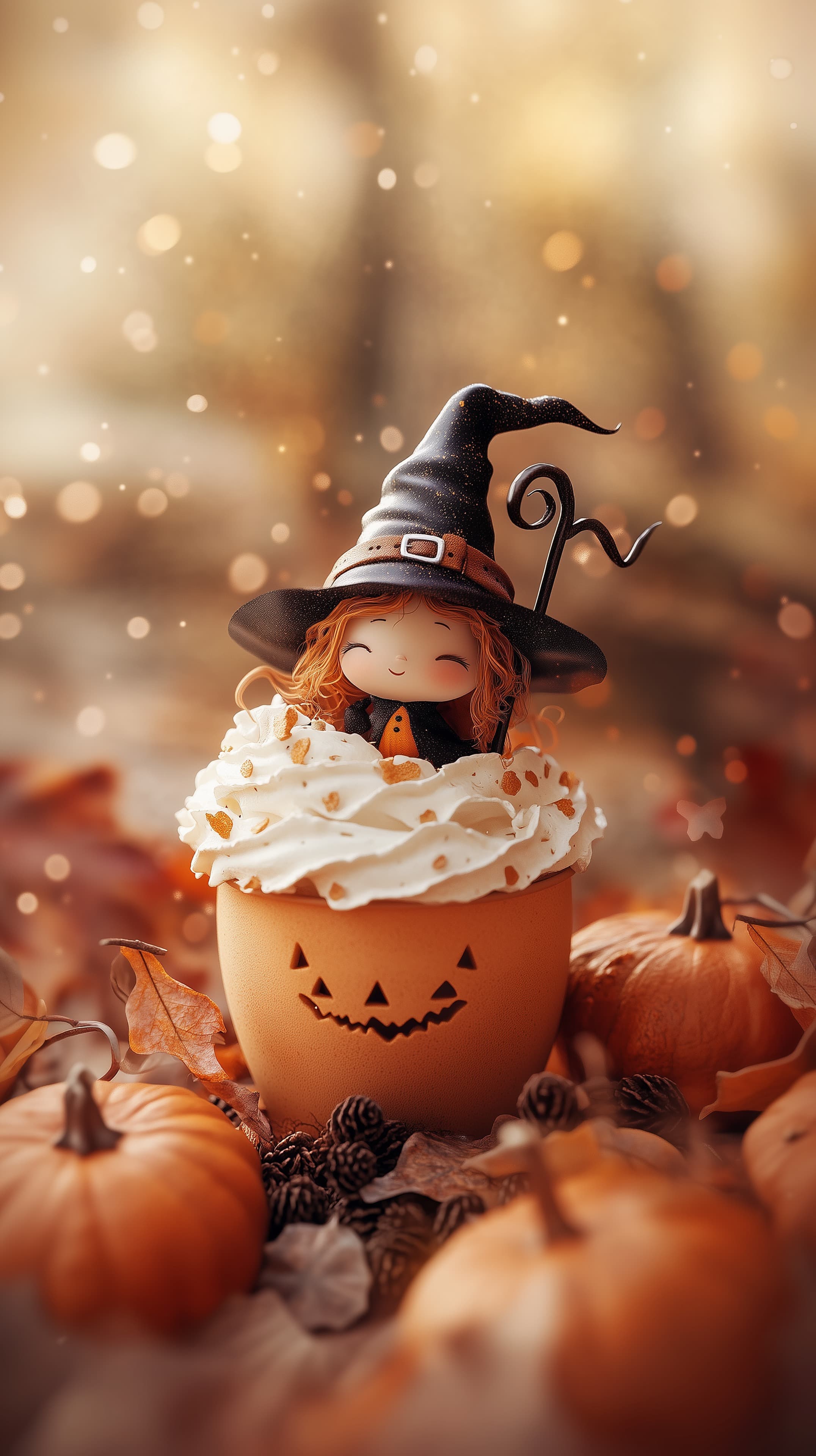 Whimsical Pumpkin Cupcake Scene with Mini Witch Figure - Autumn - High Resolution pumpkin Wallpaper for Mobile and Desktop